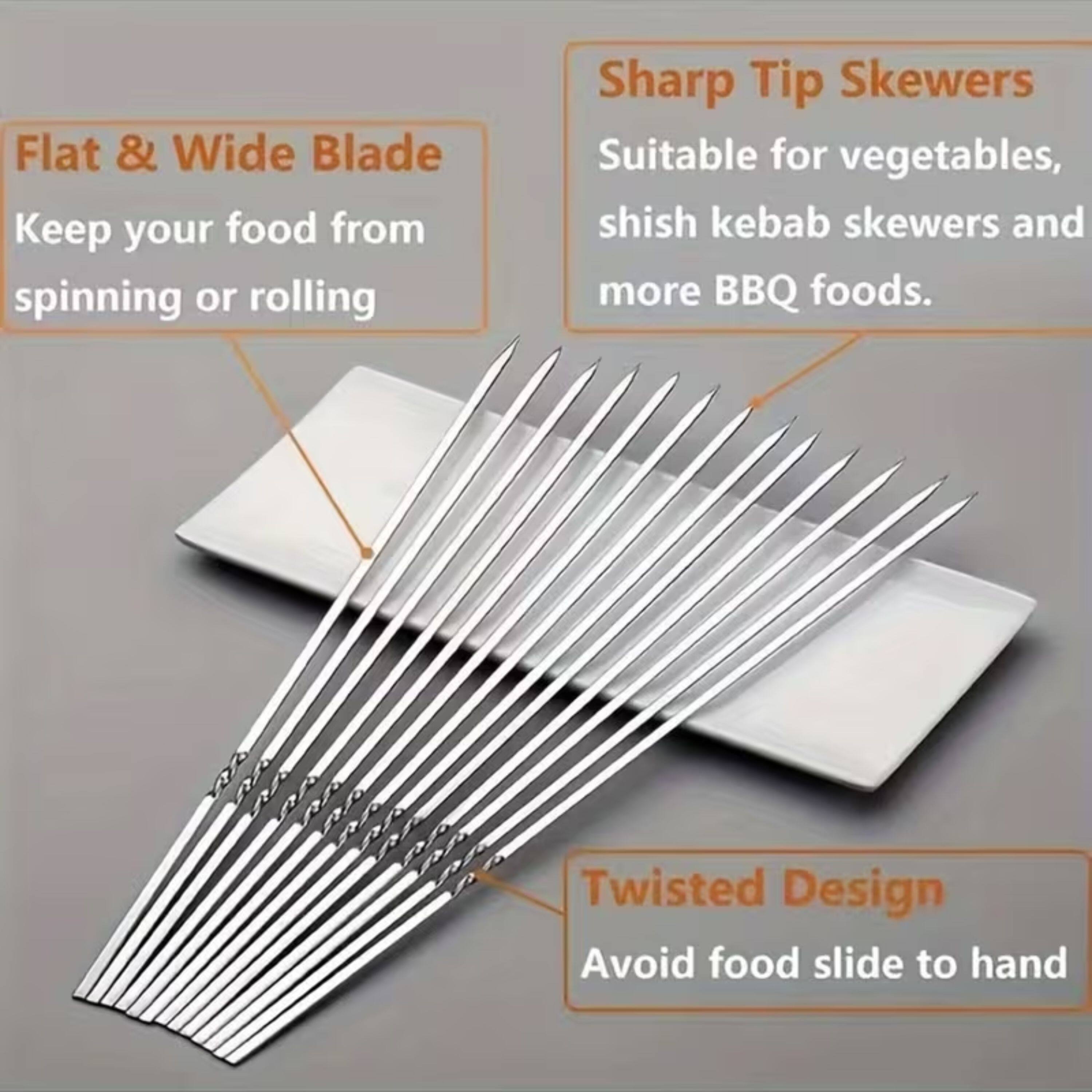 Flat & Wide Blade  
Keep your food from spinning or rolling  

Sharp Tip Skewers  
Suitable for vegetables, shish kebab skewers and more BBQ foods.  

Twisted Design  
Avoid food slide to hand