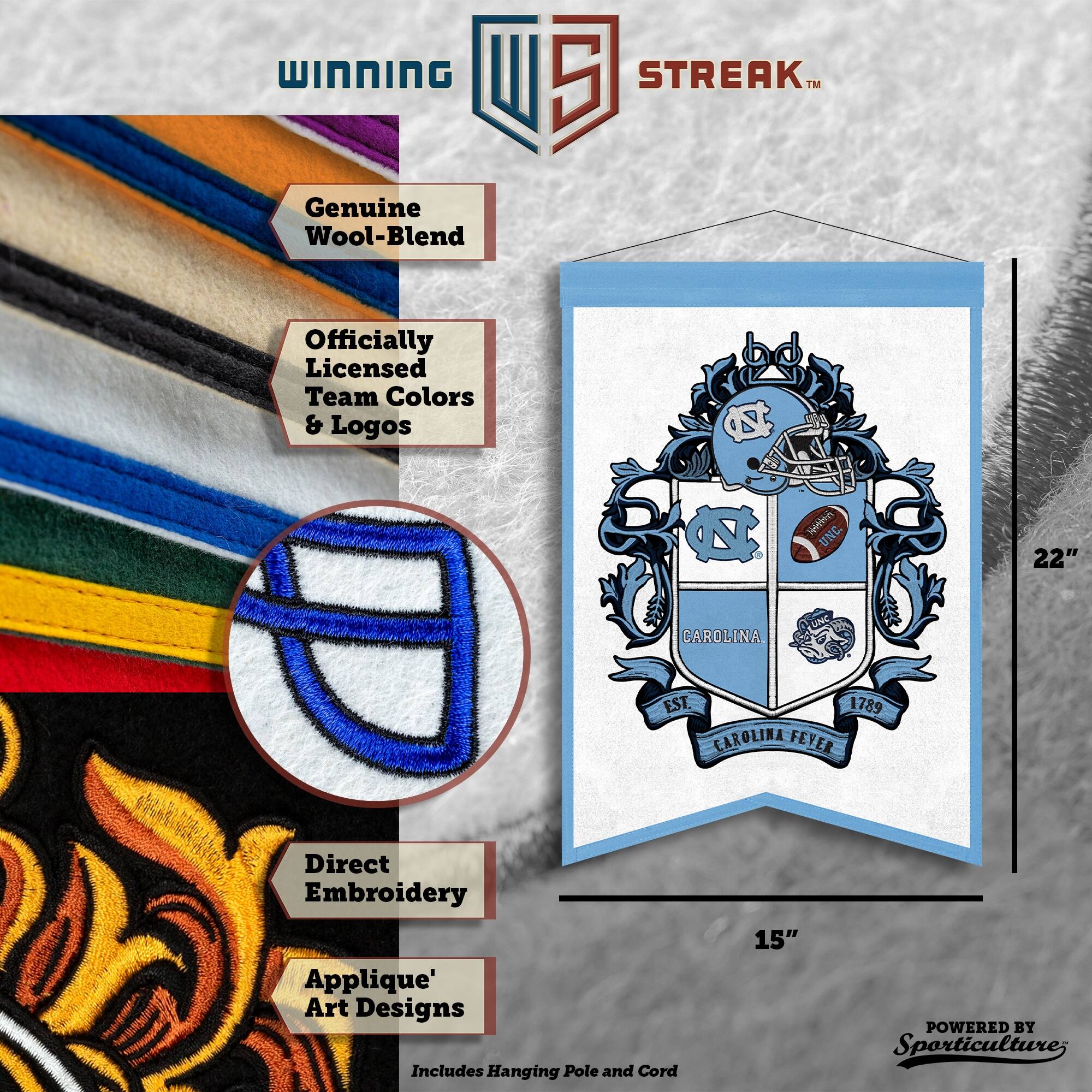 WINNING I 5 STREAK™ Genuine Wool-Blend Officially Licensed Team Colors & Logos  
S UNC 22" CAROLINA EST. 1789 CAROLINA FEVER  
Direct Embroidery Applique' Art Designs  
Includes Hanging Pole and Cord  
15"  
POWERED BY Sporticulture