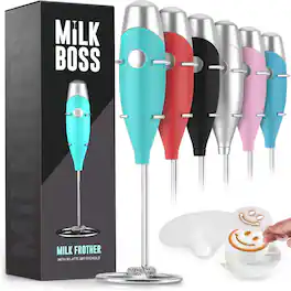 Zulay Kitchen - Mighty Milk Frother Handheld Whisk Mixer with 16-Piece Stencils by Milk Boss - Smooth Teal
