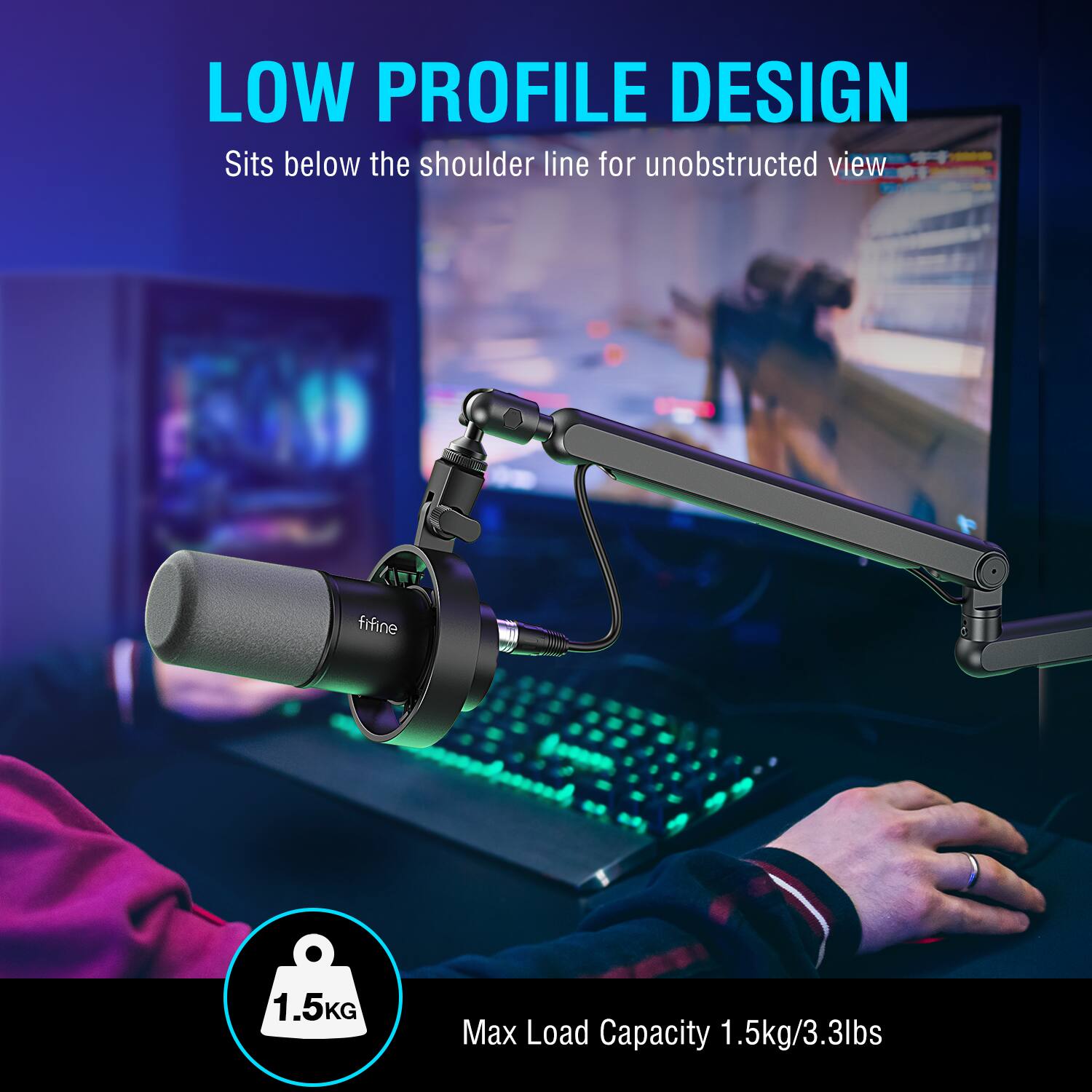 LOW PROFILE DESIGN  
Sits below the shoulder line for unobstructed view  

1.5KG  
Max Load Capacity 1.5kg/3.3lbs