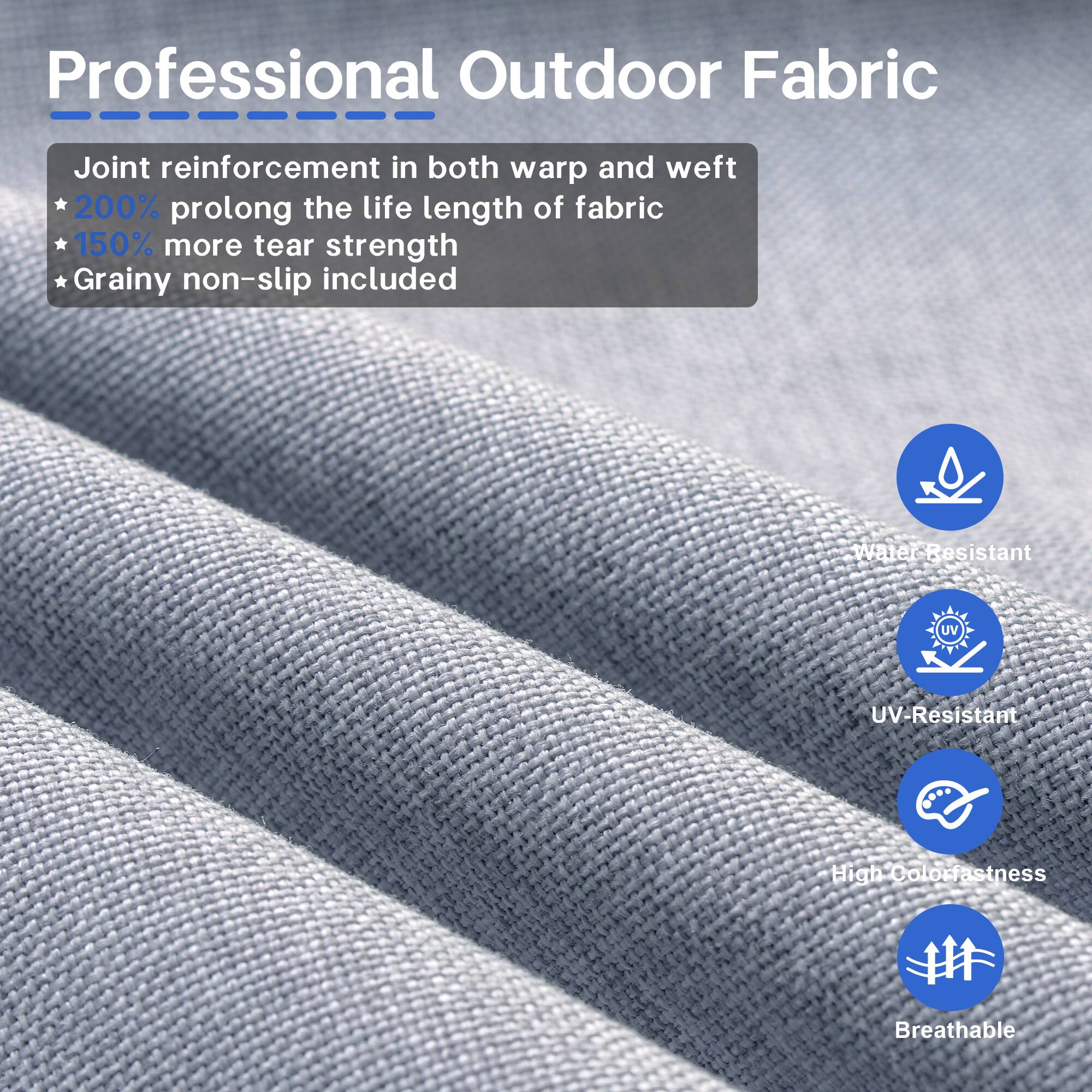 Professional Outdoor Fabric

- Joint reinforcement in both warp and weft
- 200% prolong the life length of fabric
- 150% more tear strength
- Grainy non-slip included

- Water-Resistant
- UV-Resistant
- High Colorfastness
- Breathable