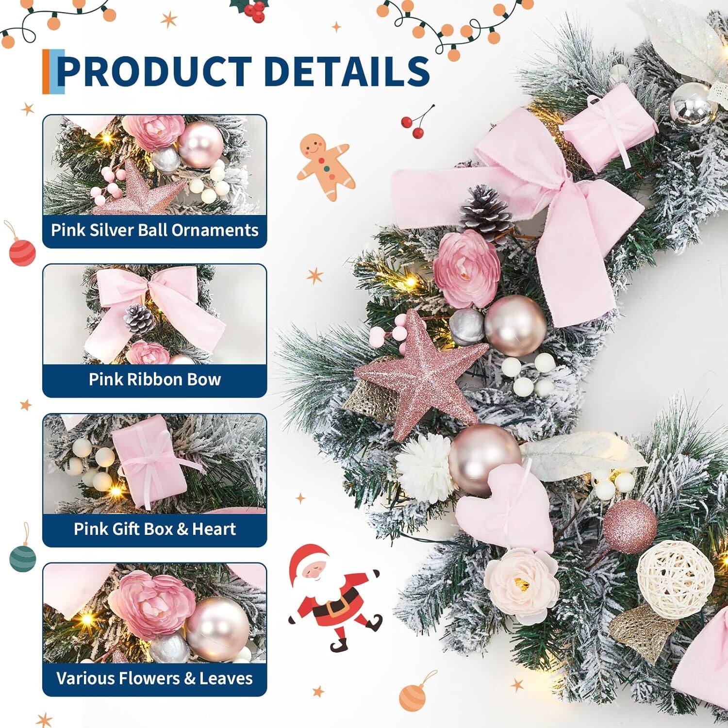 PRODUCT DETAILS

- Pink Silver Ball Ornaments
- Pink Ribbon Bow
- Pink Gift Box & Heart
- Various Flowers & Leaves