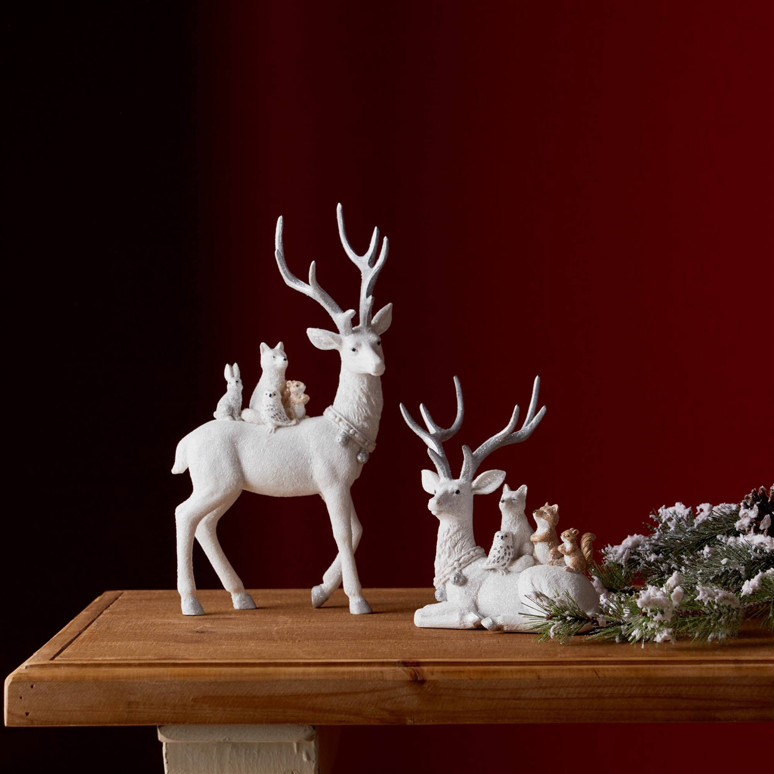 Alt View 2. BreeBe - Winter Deer with Woodland Friends Figurine (Set of 2) - White, Silver.