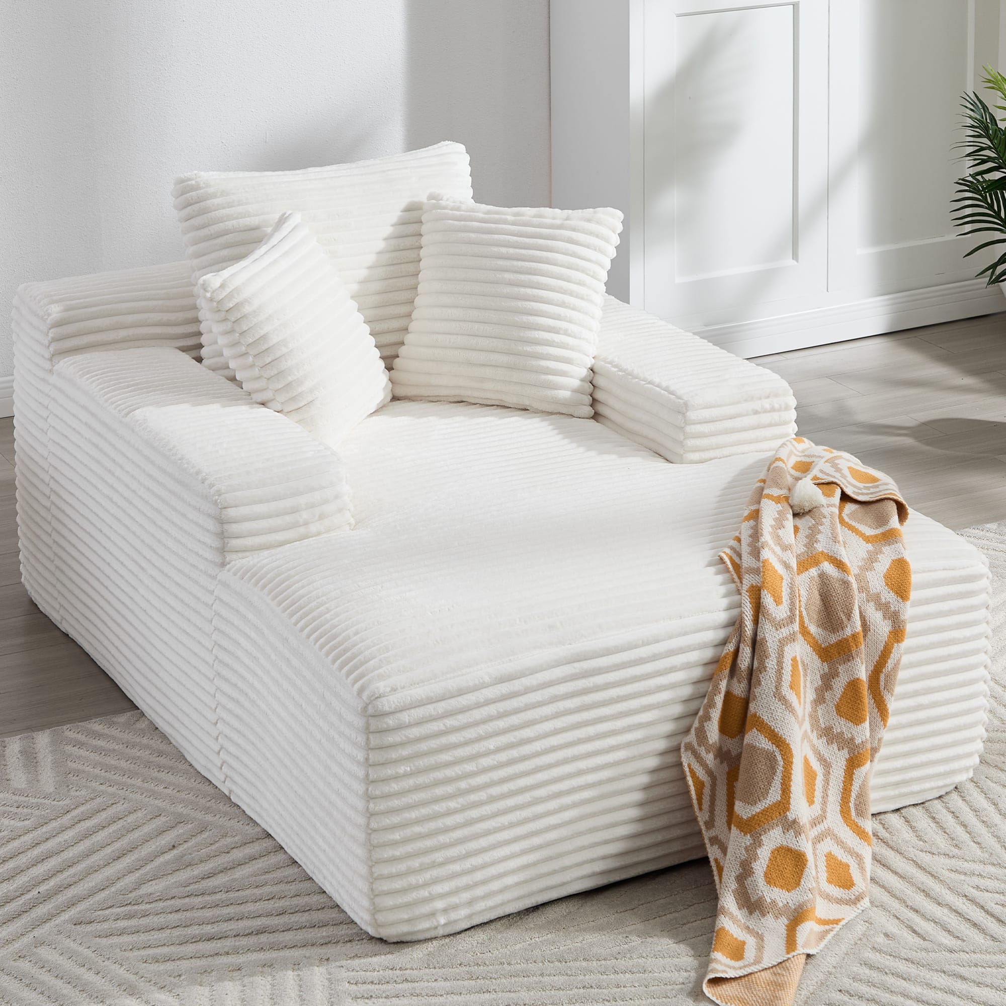 GOODSILO - Oversized Corduroy Chaise Lounge Convertible Sofa Bed with Deep Seat and Plush Pillows for Living Room Relaxation - White