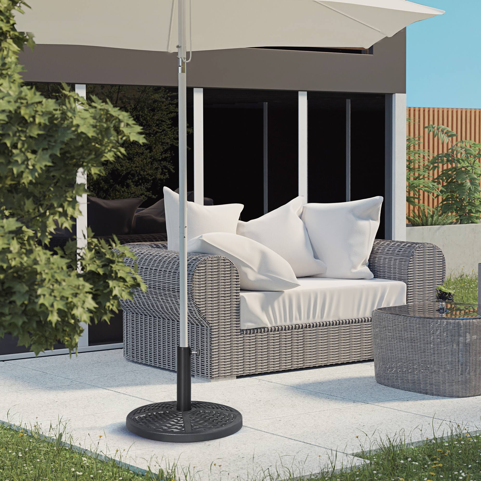 Alt View 1. Outsunny - lbs. Market Umbrella Base Holder 18" Heavy Duty Round Parasol Stand with Rattan Design for Patio - Black.