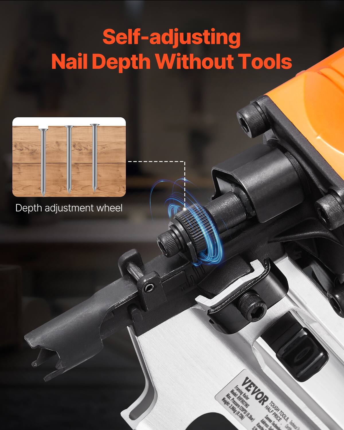 Self-adjusting Nail Depth Without Tools

Depth adjustment wheel

Model: VEVO RHF9021KS

Weight: 195kg

VEVO TOUGH TOOLS

1 HALF PRICE TOOLS

Sanvee

Techno Cartibir Tedeca