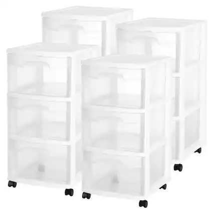 Front. Sterilite - Sterilite 3 Drawer Storage Cart, Plastic Rolling Organizer with Wheels, 4 Pack - White.