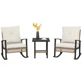 Outsunny - Pieces Bistro Set, Patio Wicker Furniture Set with Button Tufted Cushions, Rattan Rocking Chairs - White