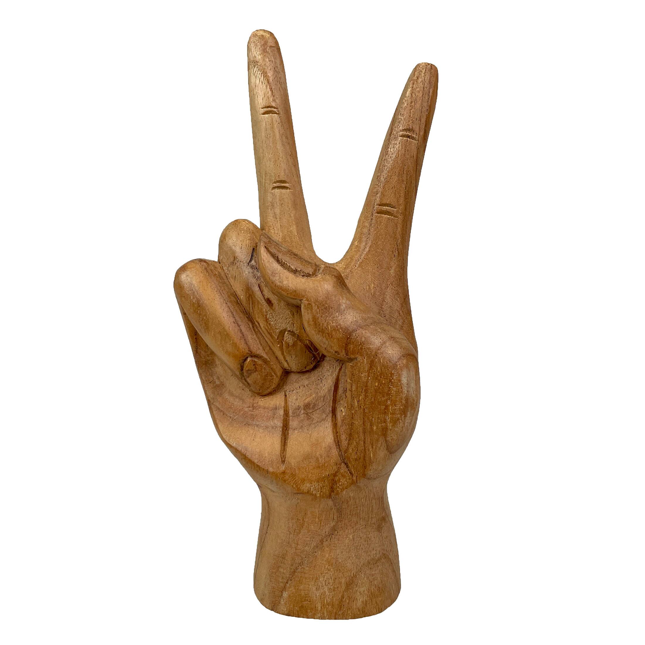 Front. Zeckos - Carved Wooden Peace Sign Hand Gesture Statue Natural Finish 7.75 Inches High - Brown.