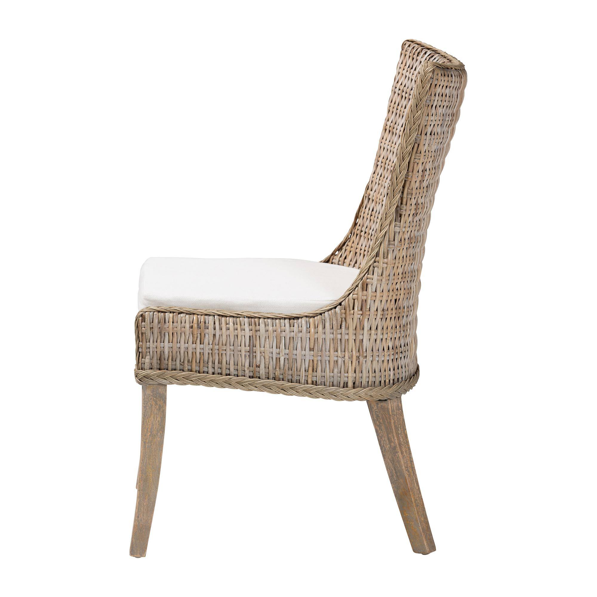 Left. bali & pari - Derris Natural Rattan Dining Chair with Cushion - Tall Wingback Side Chair with Solid Mango Wood Legs, Boho Coastal - Greywashed.