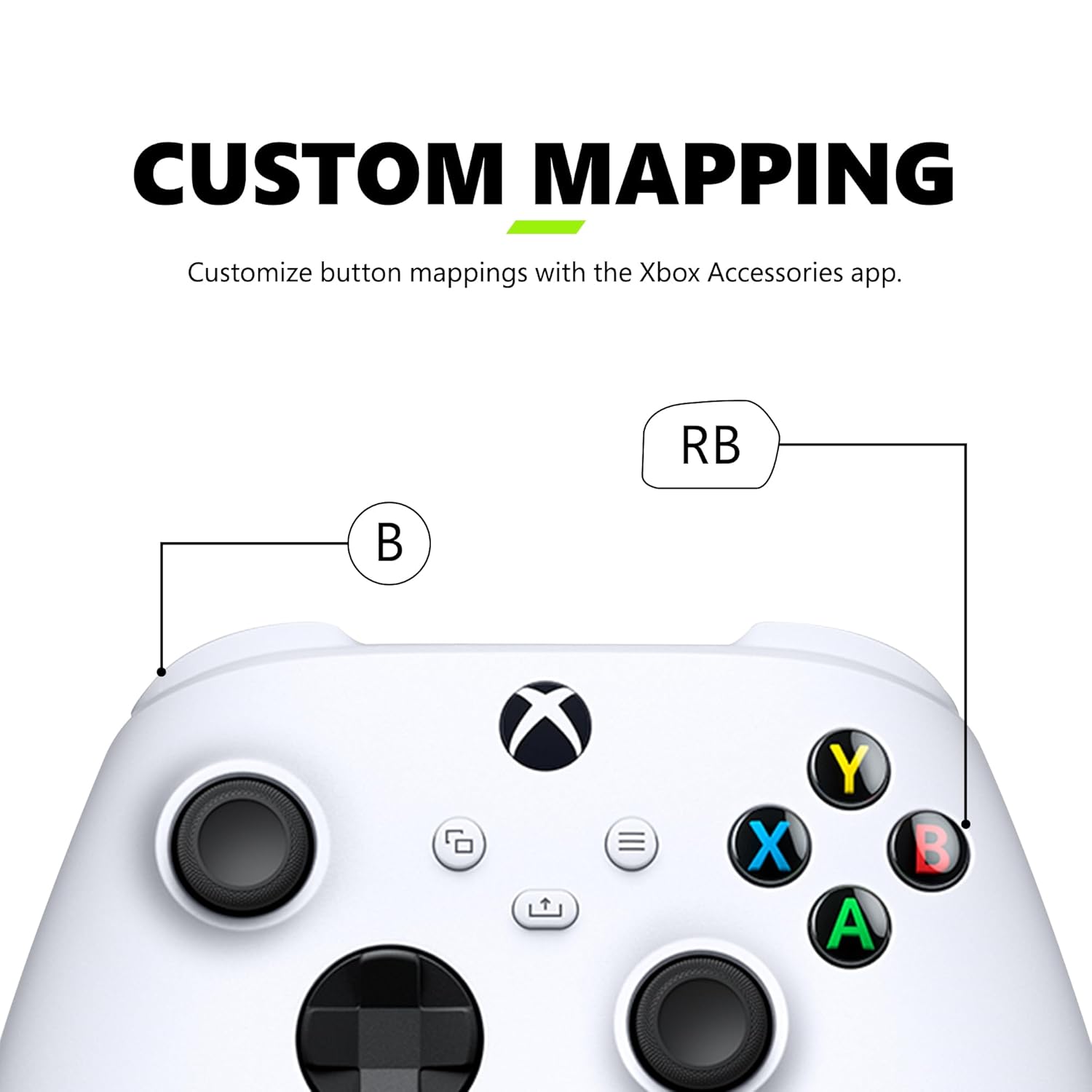 CUSTOM MAPPING  
Customize button mappings with the Xbox Accessories app.  

RB B X Y A B