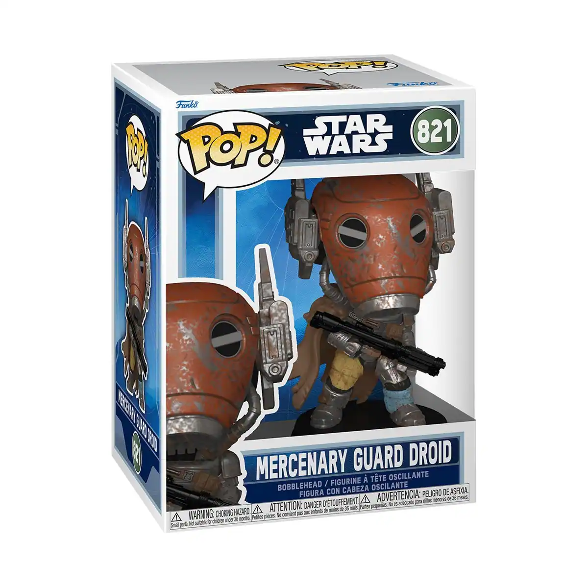 Funko POP! STAR WARS 821 MERCENARY GUARD DROID  
BOBBLEHEAD / FIGURINE OSCILLANTE / FIGURA CON CABEZA OSCILANTE  
WARNING: CHOKING HAZARD - Small parts. Not for children under 3 years.  
ADVERTENCIA: PEQUEÑOS PIEZAS. NO ES ADECUADO PARA NIÑOS MENORES DE 3 AÑOS.  
ATTENTION: PELIGRE DE SOUFFLÉMENT. ADVERTENCIA: PELIGRO DE ASFIXIA.  
DANGER: CHOKING HAZARD - Small parts. Not for children under 3 years.