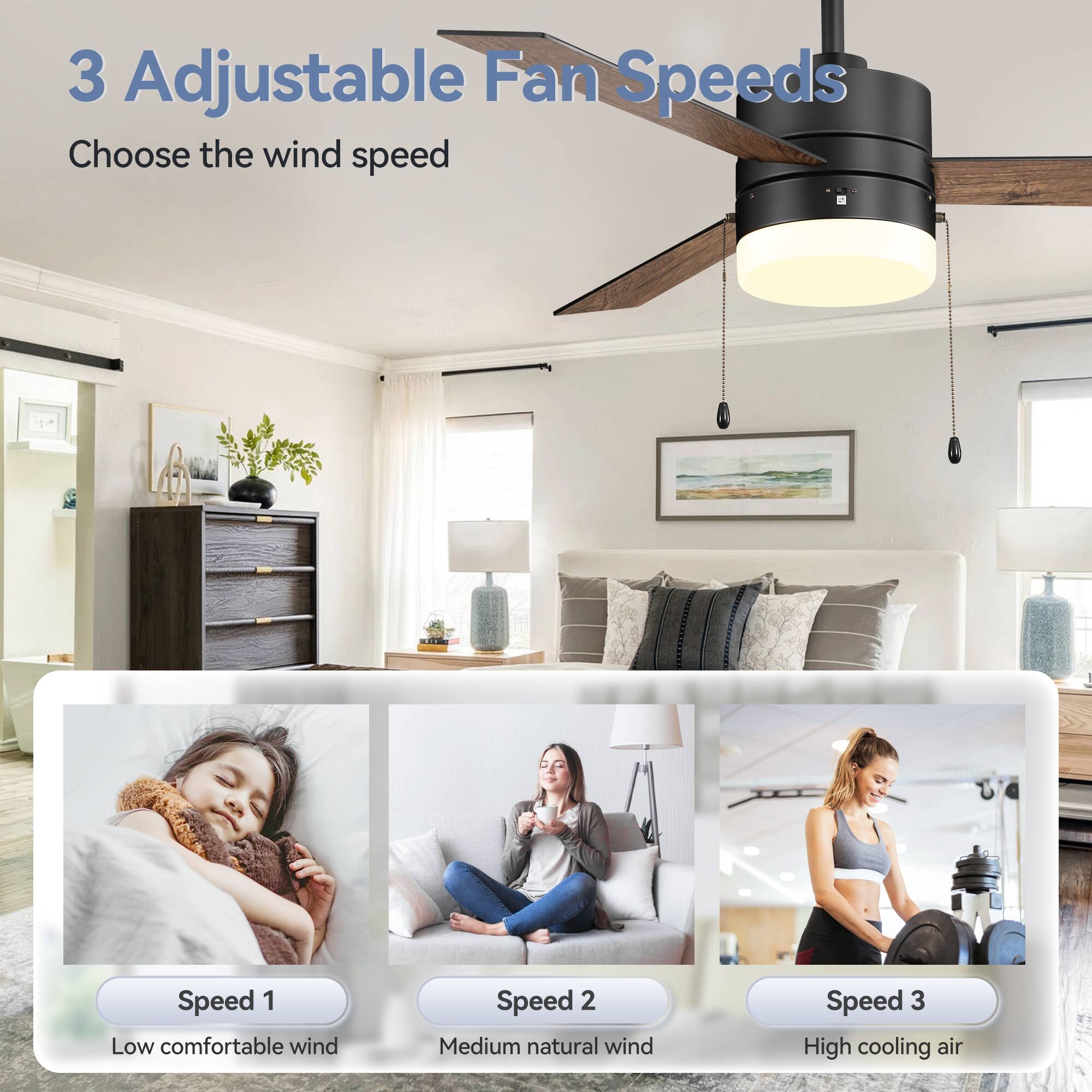 3 Adjustable Fan Speeds Choose the wind speed

Speed 1: Low comfortable wind
Speed 2: Medium natural wind
Speed 3: High cooling air