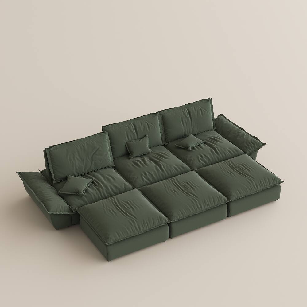 Alt View 10. POVISON - Modern Beige Sleeper Sofa with 3 Ottomans - Green Suede Fabric.