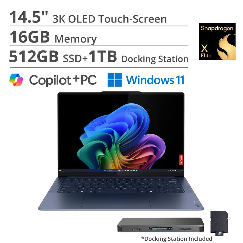14.5" 3K OLED Touch-Screen  
16GB Memory  
512GB SSD + 1TB  
Docking Station  
Copilot+PC  
Windows 11  
Snapdragon X Elite  
*Docking Station Included