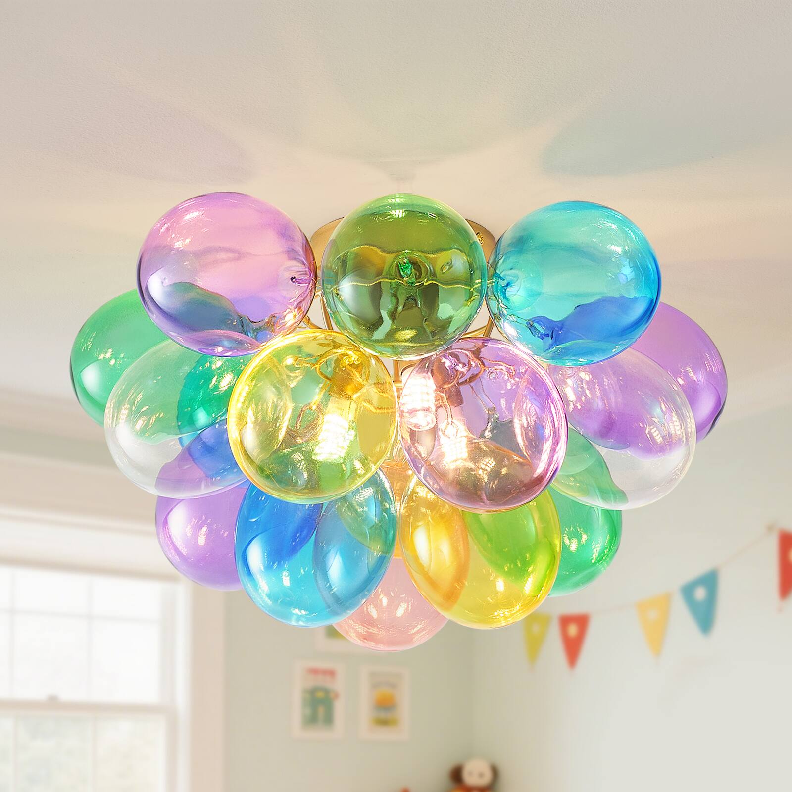 Front. Boyel Living - 15 Inch Colorful Glass Bubble Ball Swirled Glass Chandelier 3 Light Small Pendant Light Fixture.