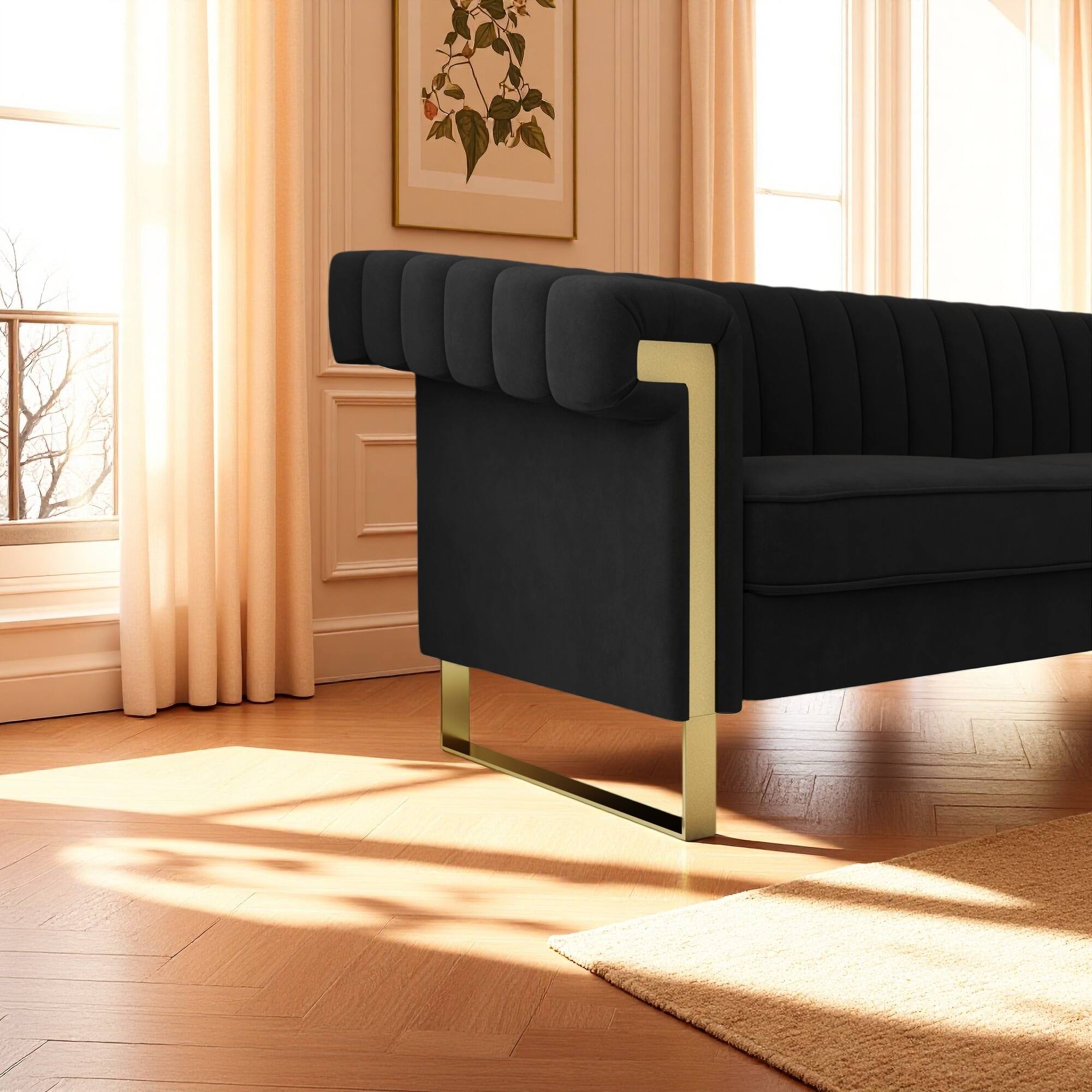 Alt View 1. Anysun - Modern 3-Seat Cream Velvet Sofa with Gold Accents - Channel-Tufted for Living Room & Office. - Black.