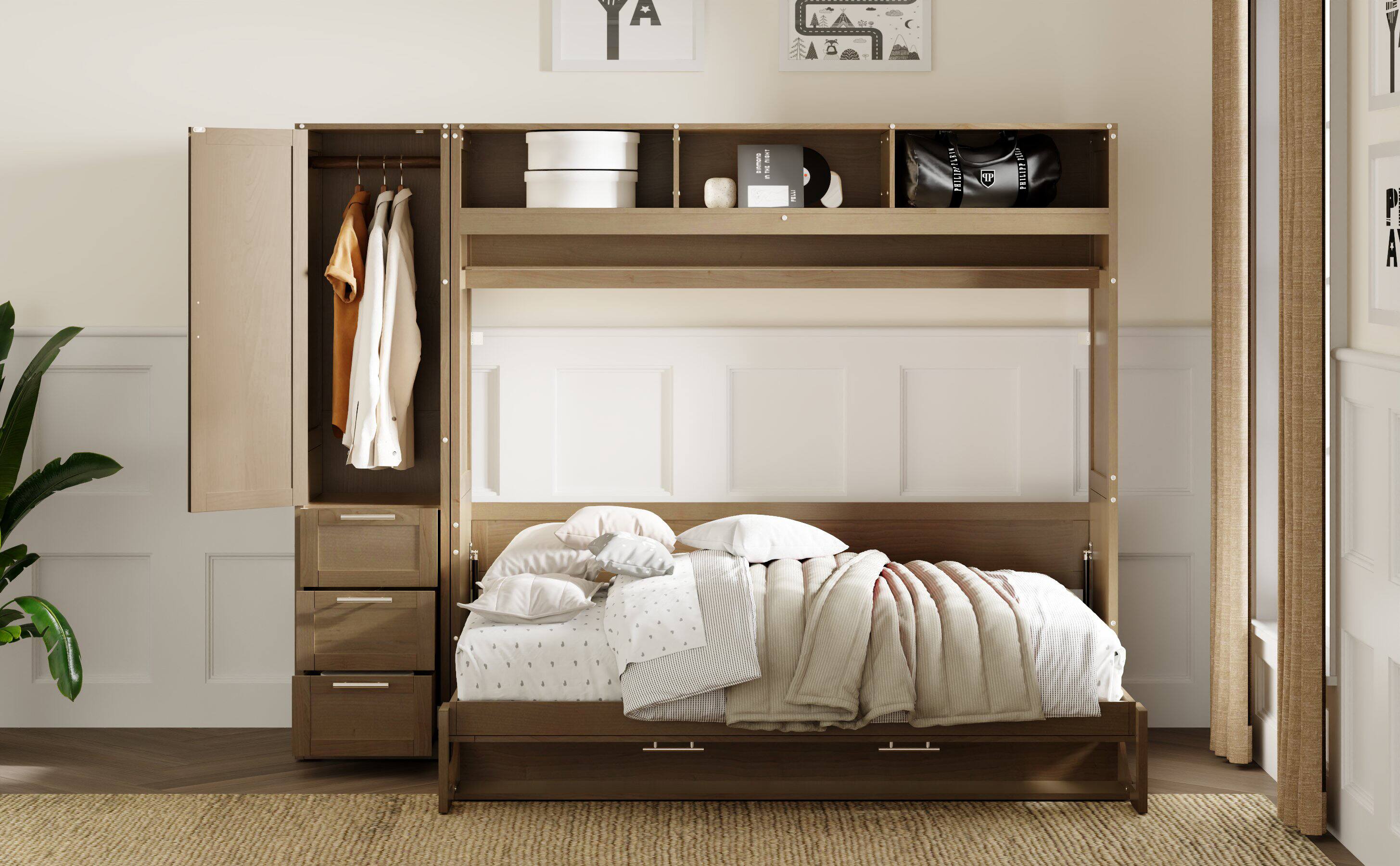 Alt View 6. Tiramisubest - Full Size Murphy Bed with Wardrobe, Antique Wood, 105x22x79 inches - Wood.