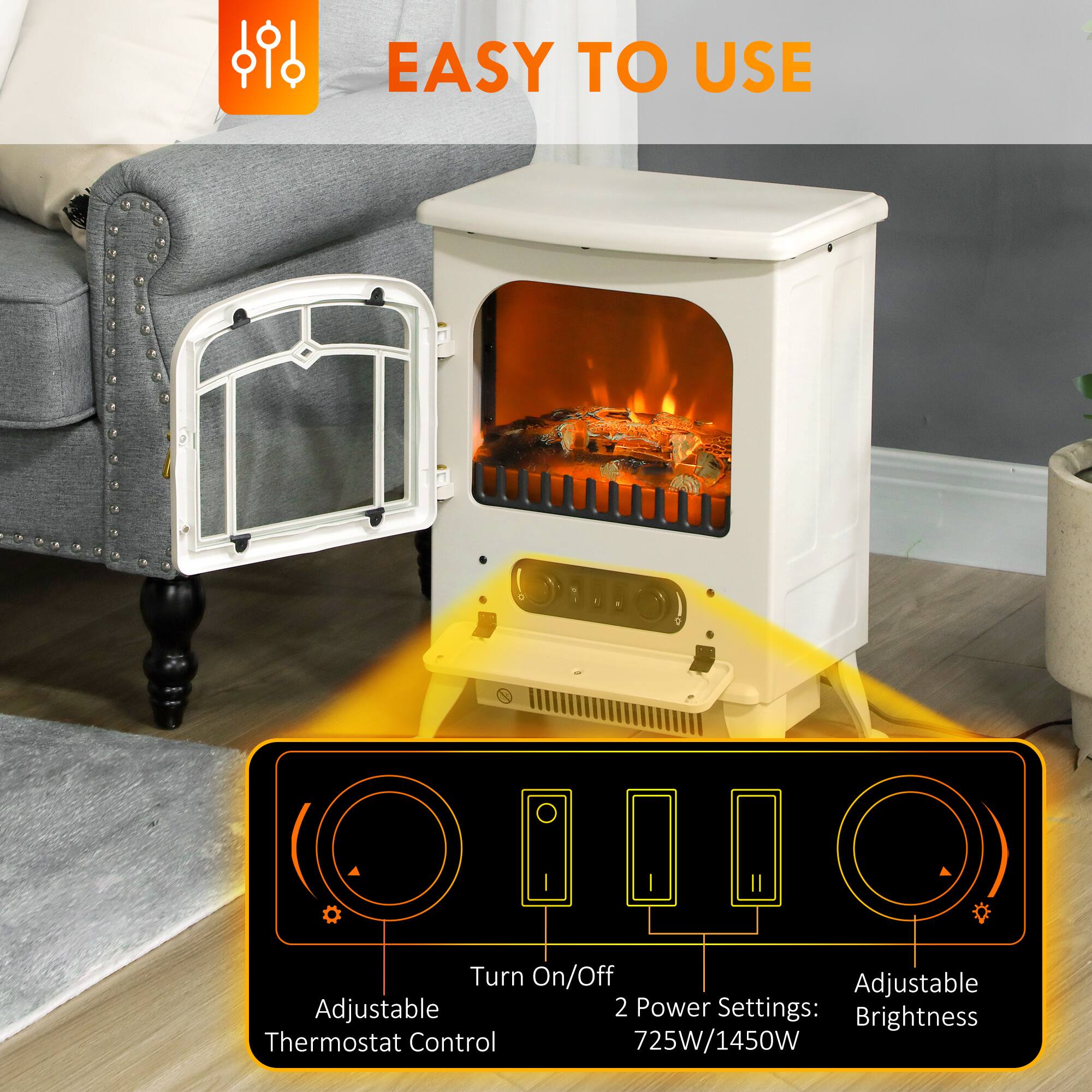 EASY TO USE

- Turn On/Off
- Adjustable Thermostat Control
- 2 Power Settings: 725W/1450W
- Adjustable Brightness