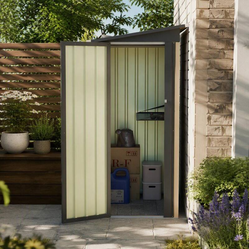 Left. RYHNUYNE - 4.27 x 2.43 FT Heavy Duty Pent Roof Metal Storage Shed,Weatherproof Outdoor Garden Shed for Backyard Patio - Black+Brown.