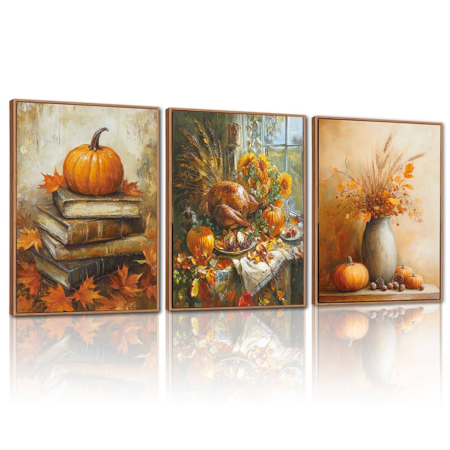 Front. Fabibe - Vintage Flowers Framed Canvas Wall Art Set Of 3, Rustic Bohemian Nature Wall Decor, Floral Botanical Prints, Farmhouse W - fall wall art.