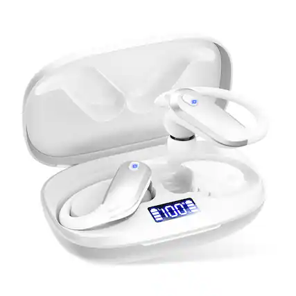 Front. Trigiz - Sports Wireless Earbuds Bluetooth 5.4 Earhooks, 80H Playtime, Noise Cancelling Mic, IPX7 Waterproof - White.