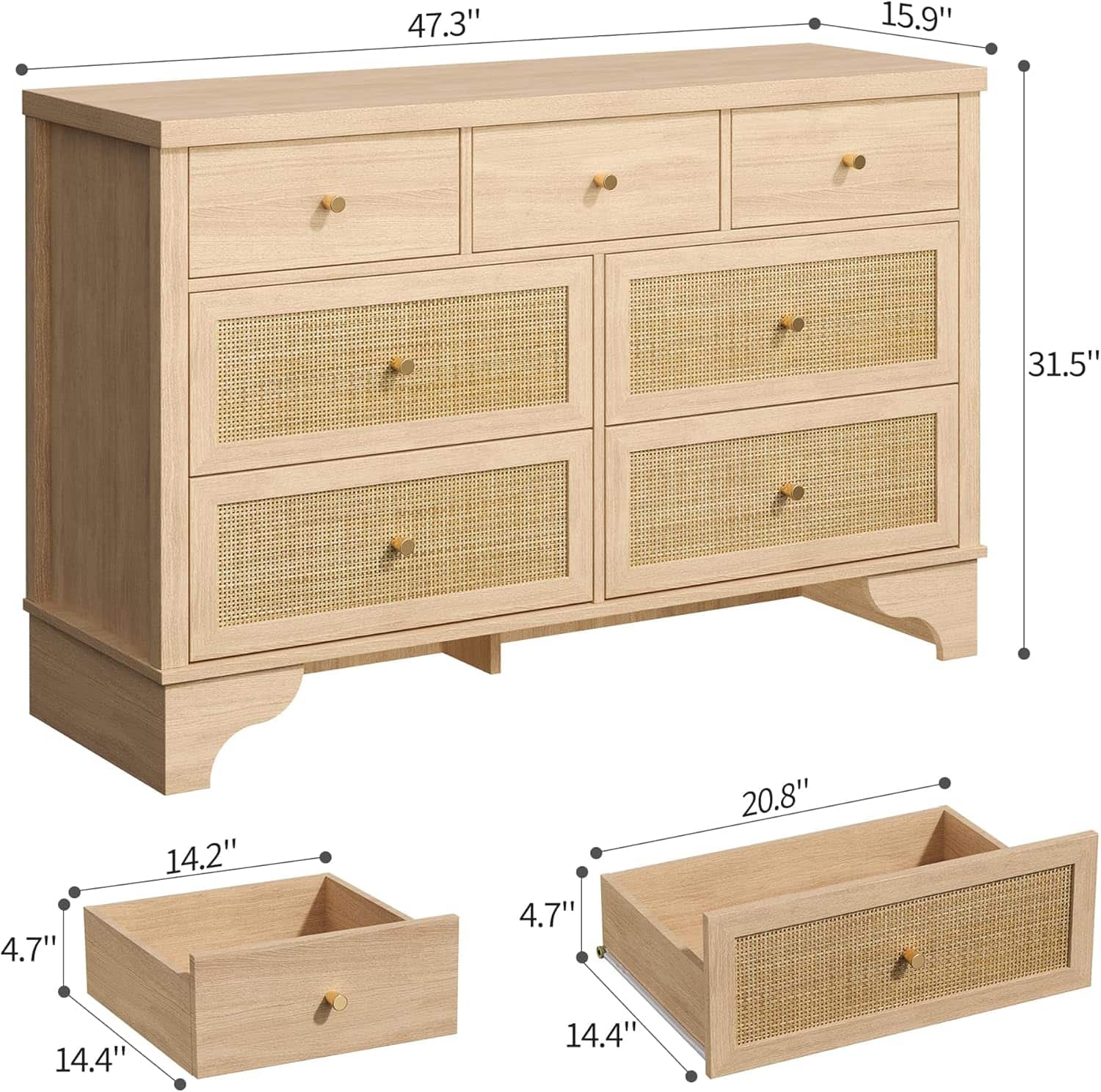 Homhougo - 7 Drawers Double Dresser, 47.3'' Wide Wood Chest of Drawers with Wood Drawer Organizer with Sturdy Base for Living Room - Natural