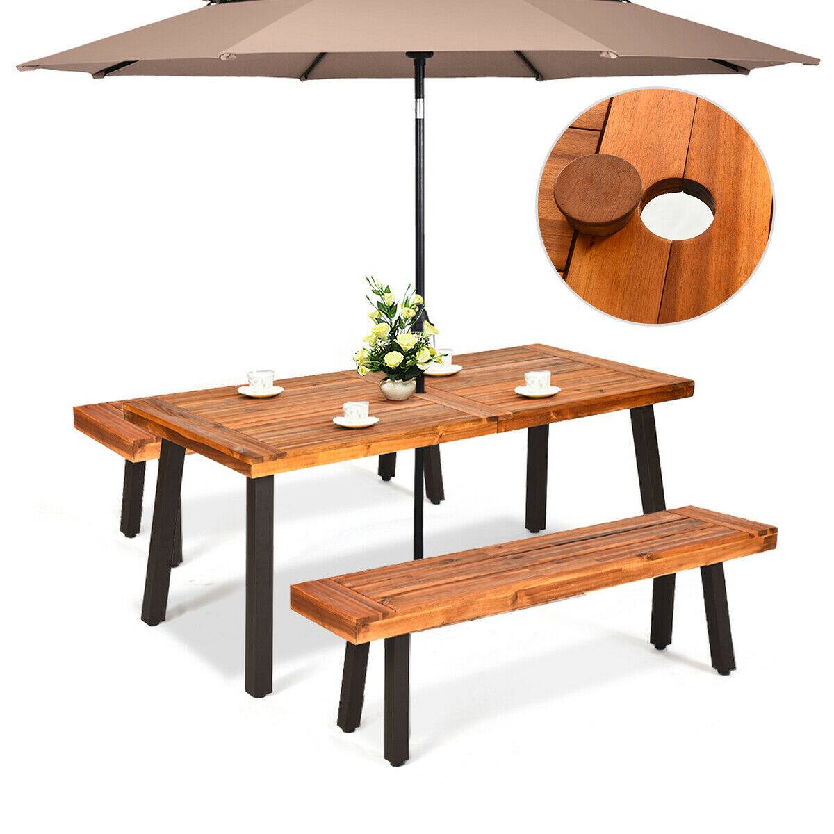 Alt View 7. Gymax - Gymax 3 PCS Picnic Dining Table Set Acacia Wood Rustic Metal w/ Umbrella Hole - Brown.