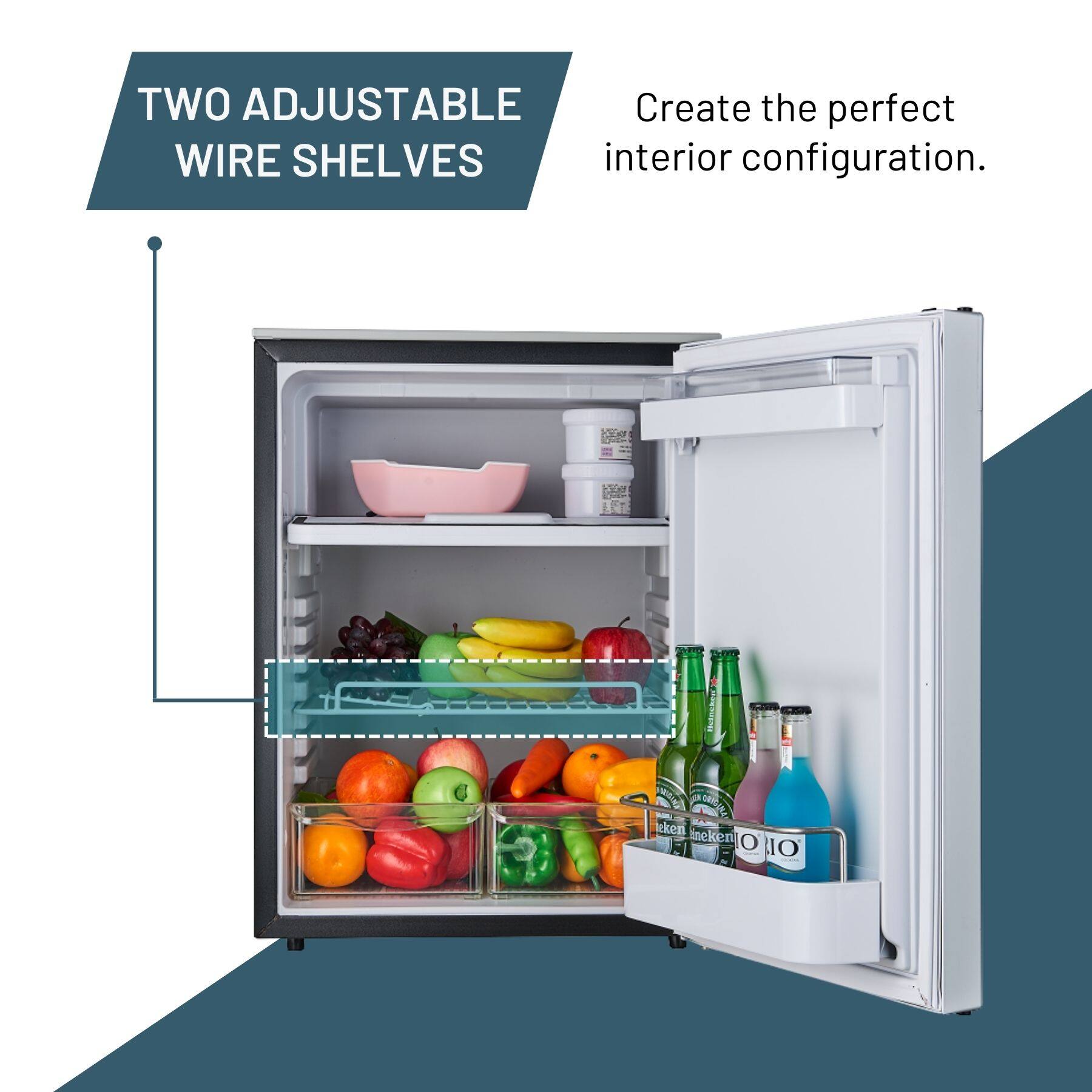TWO ADJUSTABLE WIRE SHELVES  
Create the perfect interior configuration.