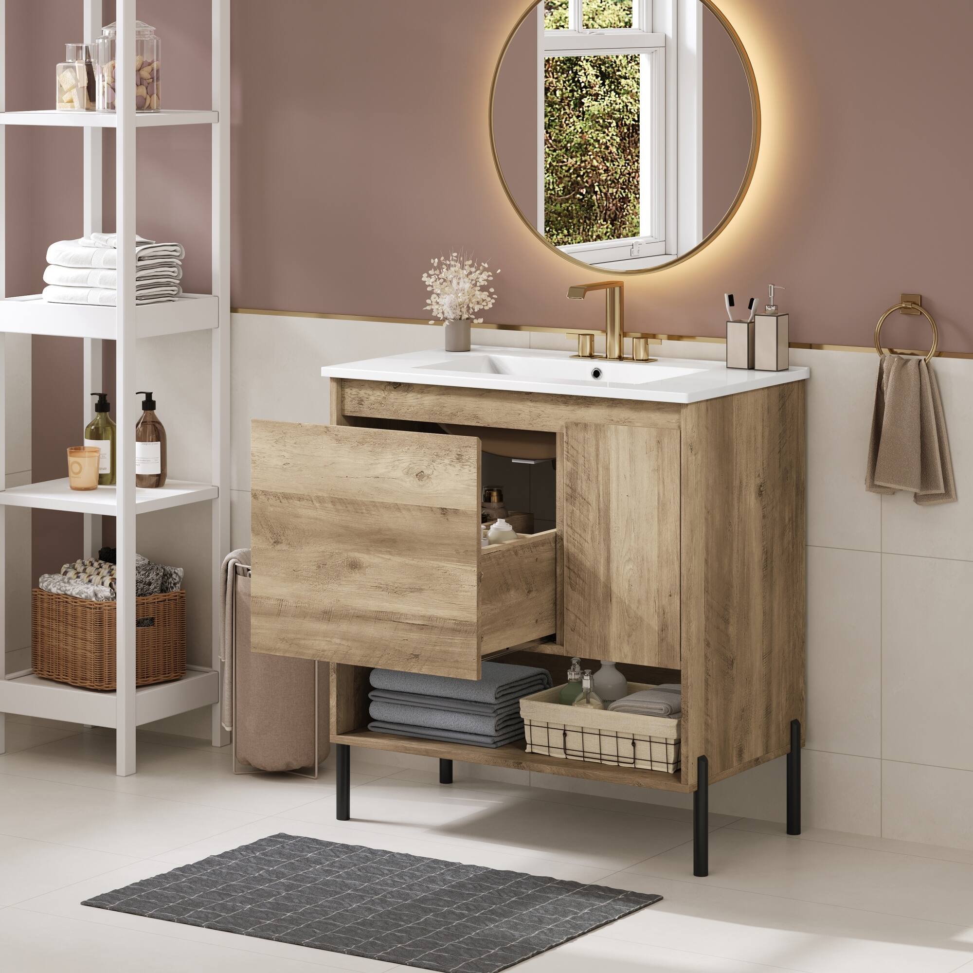 Alt View 8. Glintex - 30" Bathroom Vanity with Sink, Storage Cabinet with Sliding Drawer, Open Shelf, Modern Bath Design - Natural Wood.
