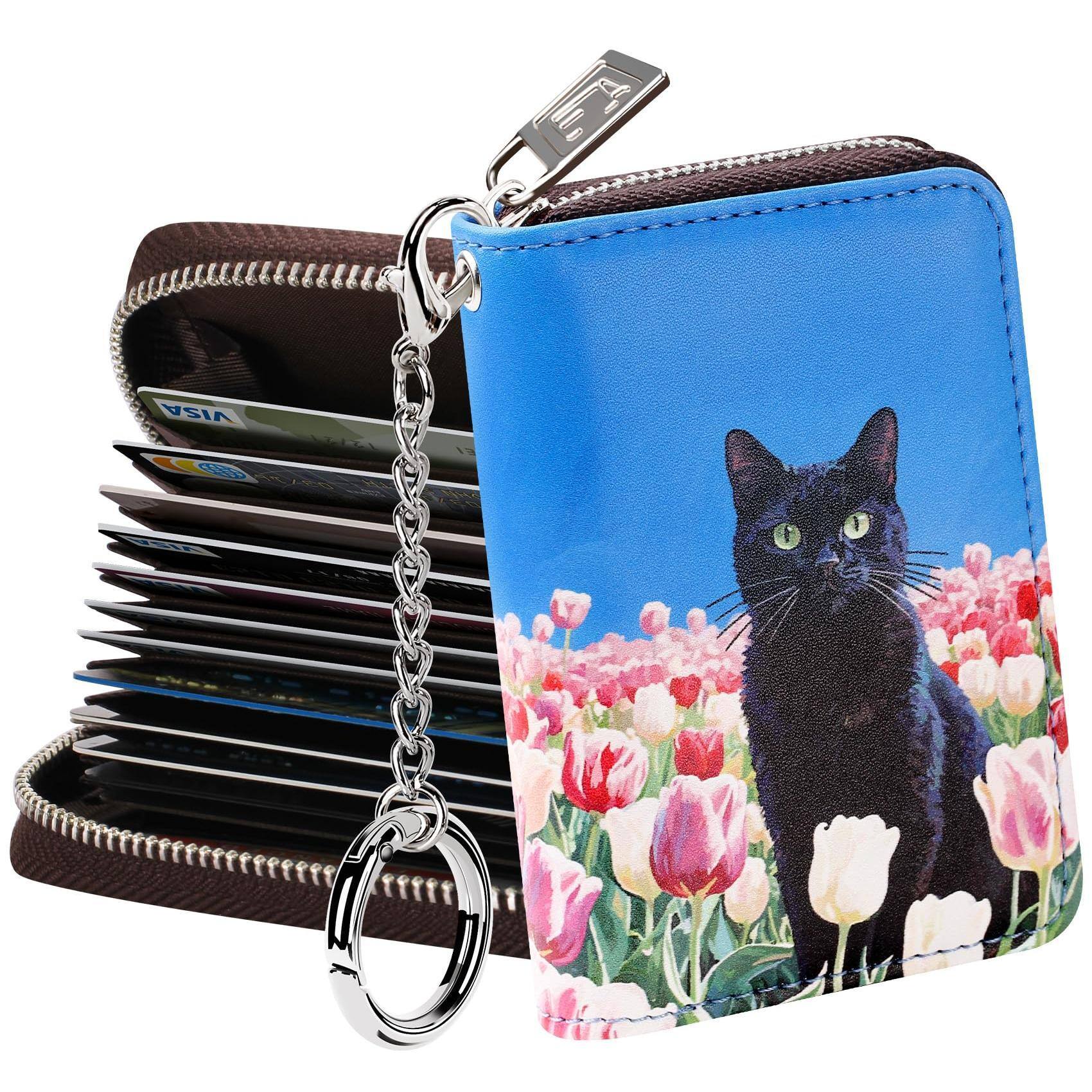 Jadie Link - Zipper Wallet Women Rfid Blocking Credit Card Business Holder Compact Size Keychain Special Design Multi-color optional - Tulips and Cat-small
