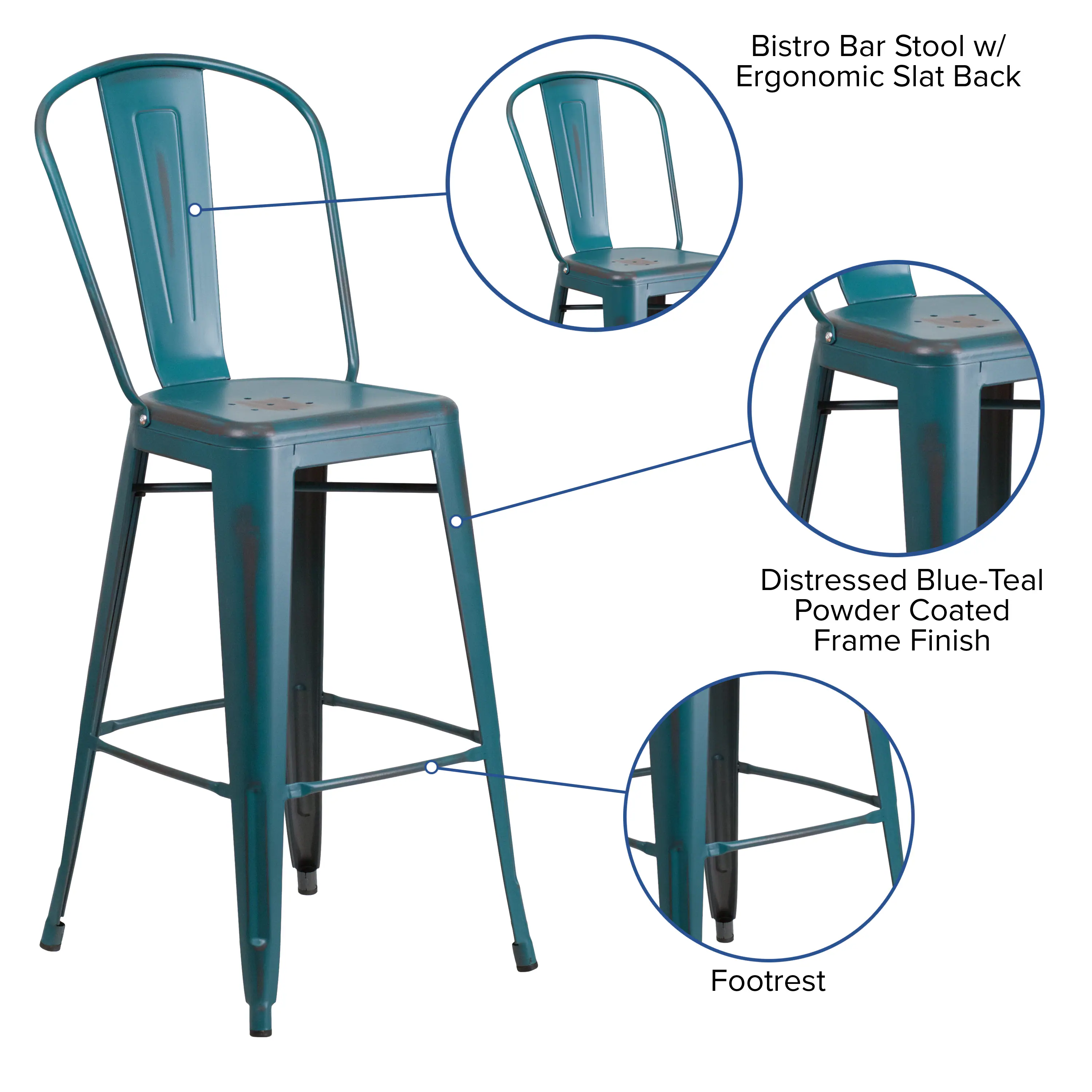 Bistro Bar Stool w/ Ergonomic Slat Back  
Distressed Blue-Teal Powder Coated Frame Finish  
Footrest