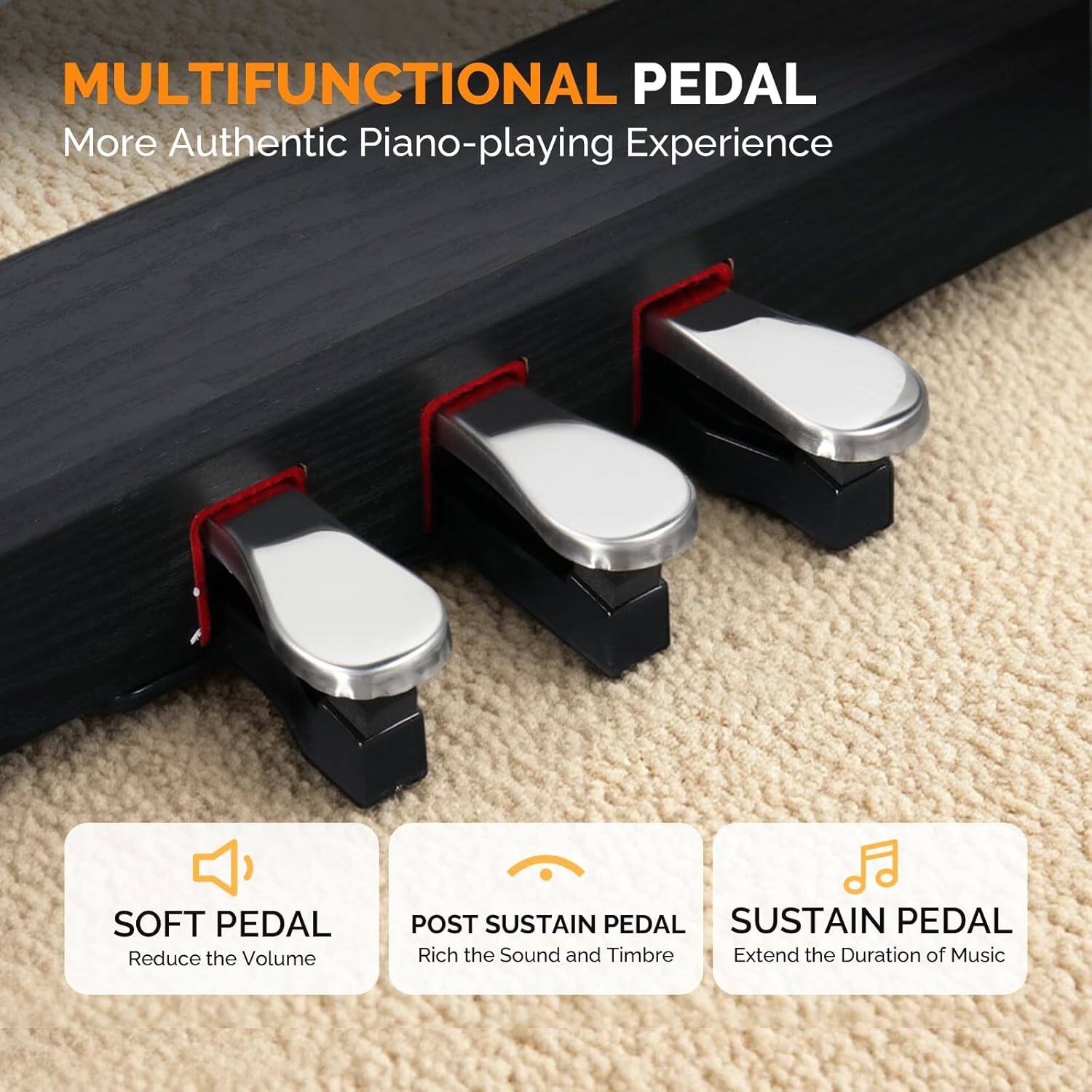 MULTIFUNCTIONAL PEDAL  
More Authentic Piano-playing Experience  

SOFT PEDAL  
Reduce the Volume  

POST SUSTAIN PEDAL  
Rich the Sound and Timbre  

SUSTAIN PEDAL  
Extend the Duration of Music