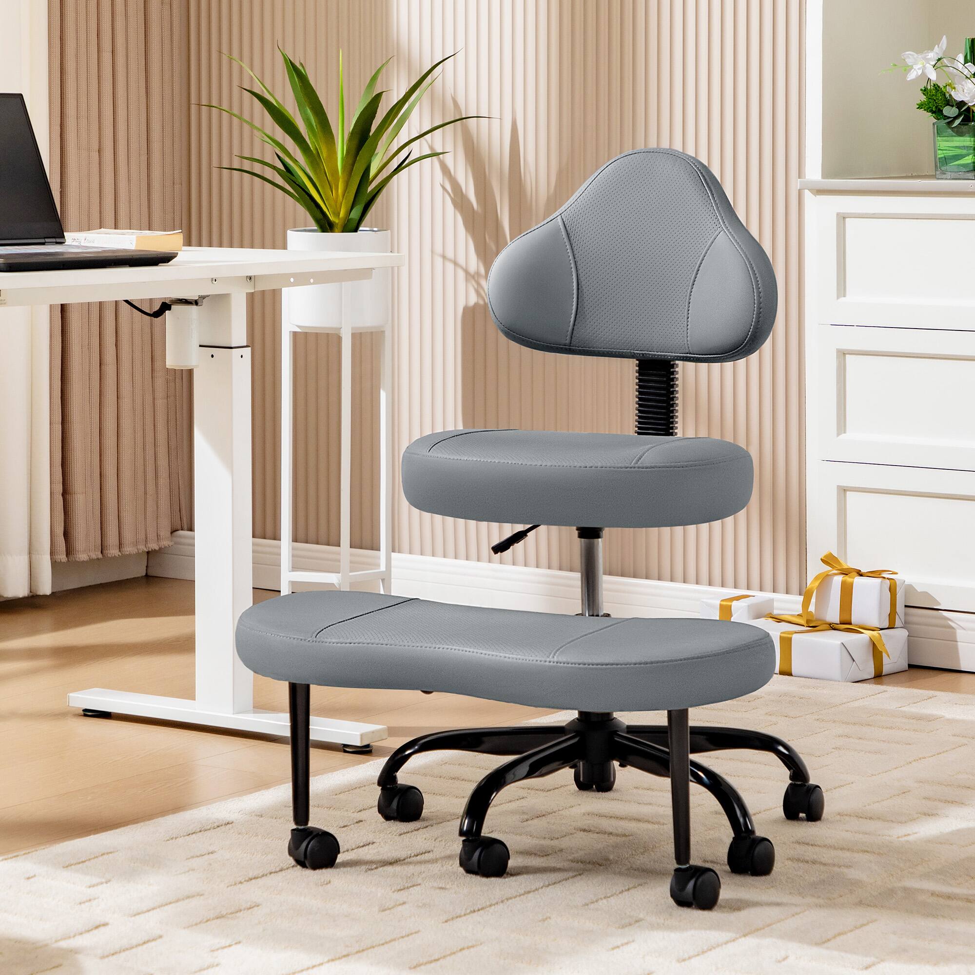Front. KERDOM - Ergonomic Cross-Legged Office Chair with Wheels, Meditation & Kneeling Chair for Adult, PU Leather Wide Seat 360° Swivel - Grey.