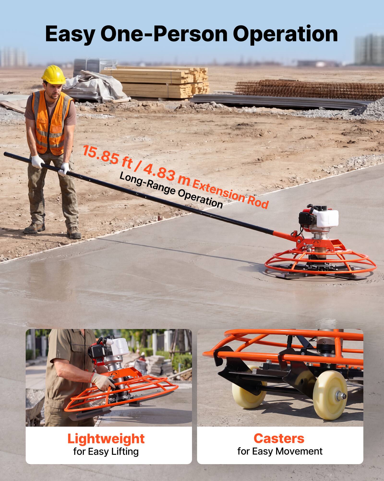 Easy One-Person Operation

15.85 ft / 4.83 m Long-Range Operation Extension Rod

Lightweight for Easy Lifting

Casters for Easy Movement