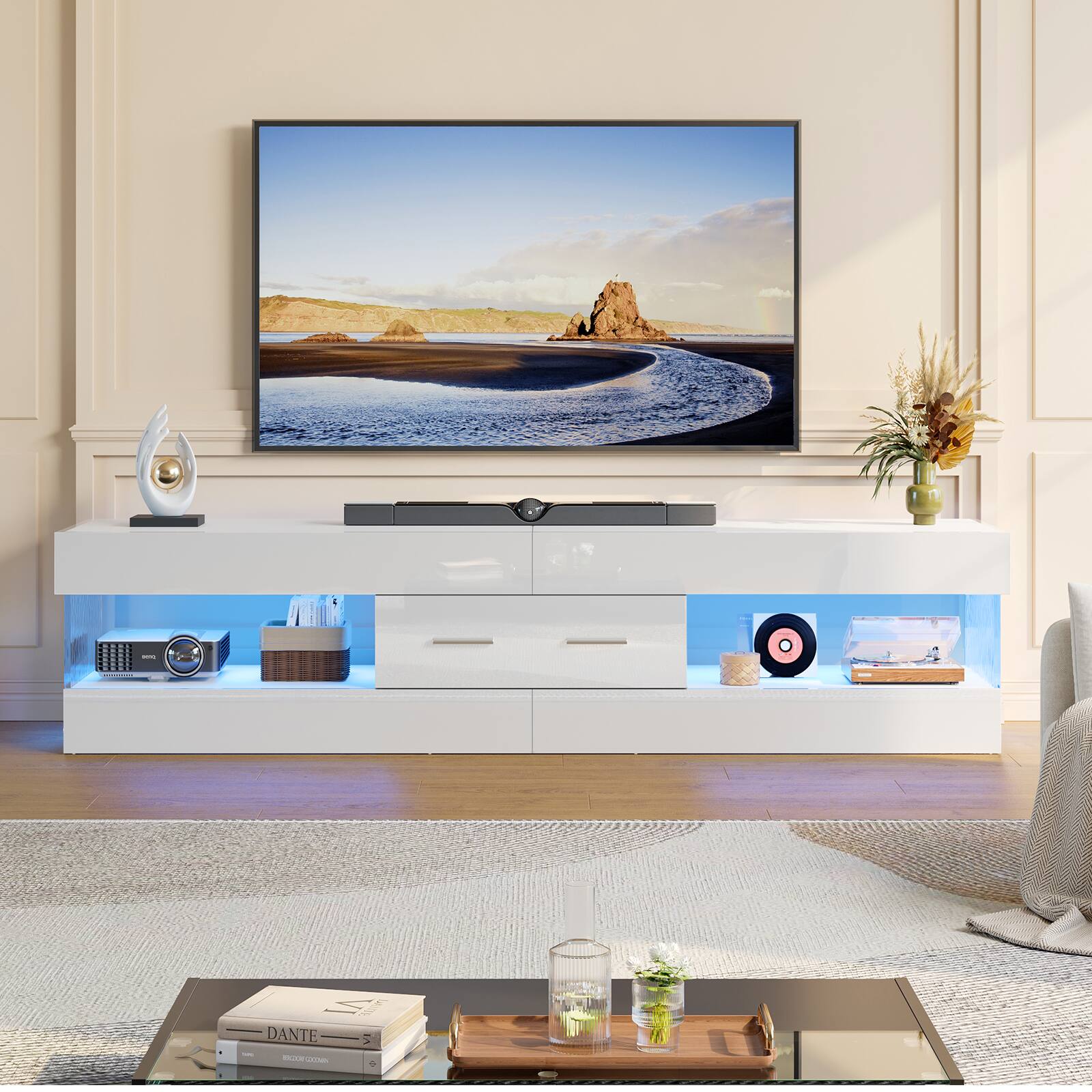 Left. Bestier - 67 Inch TV Stand for 75 Inch TVs, Entertainment Center with Storage Drawer and LED Lights - Bright White.