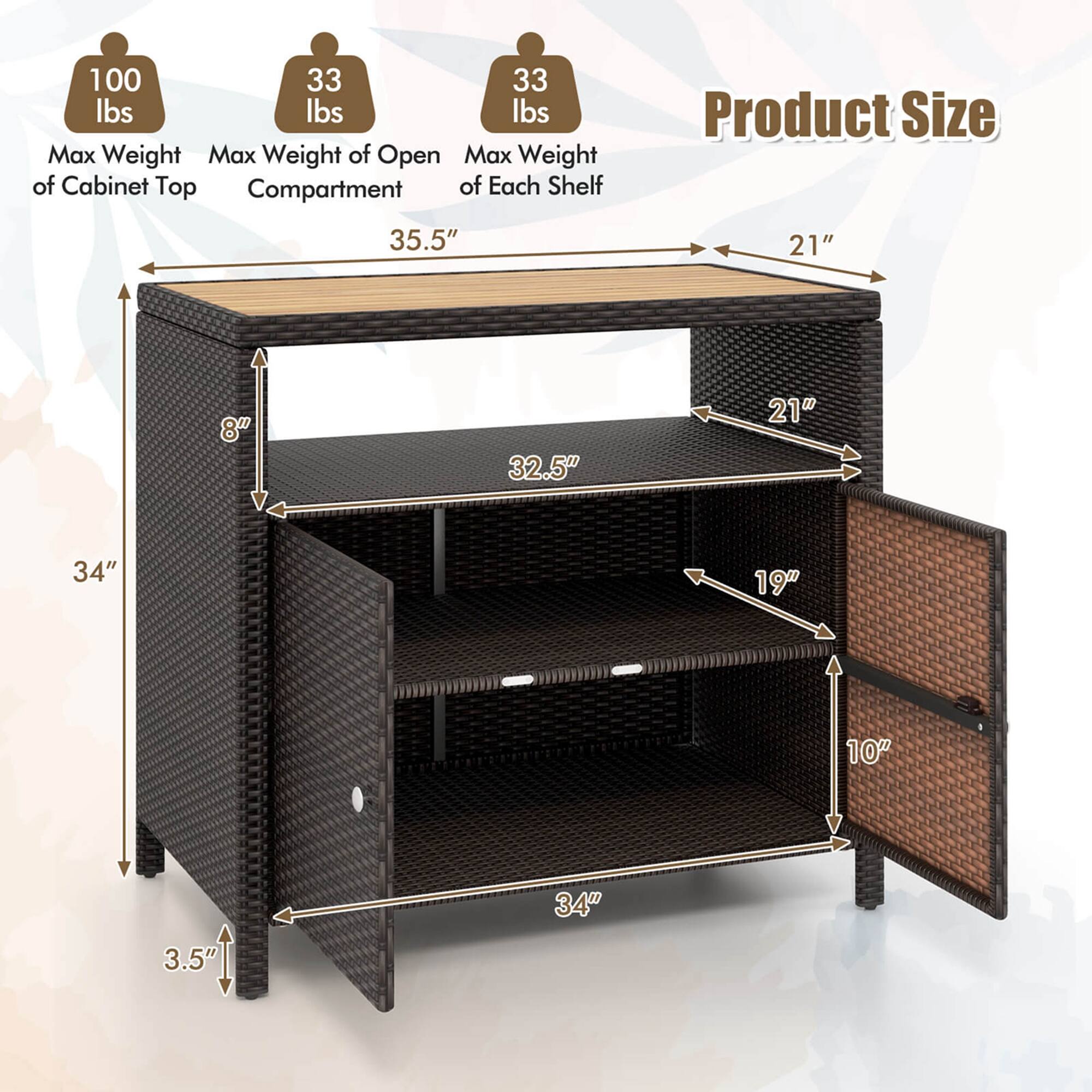 The text on the image reads: "100 lbs 33 lbs 33 lbs Max Weight of Open Cabinet Top Compartment of Each Shelf Product Size 35.5" 21" 8" 32.5" 21" 34" 19" 10" 34" 3.5"."