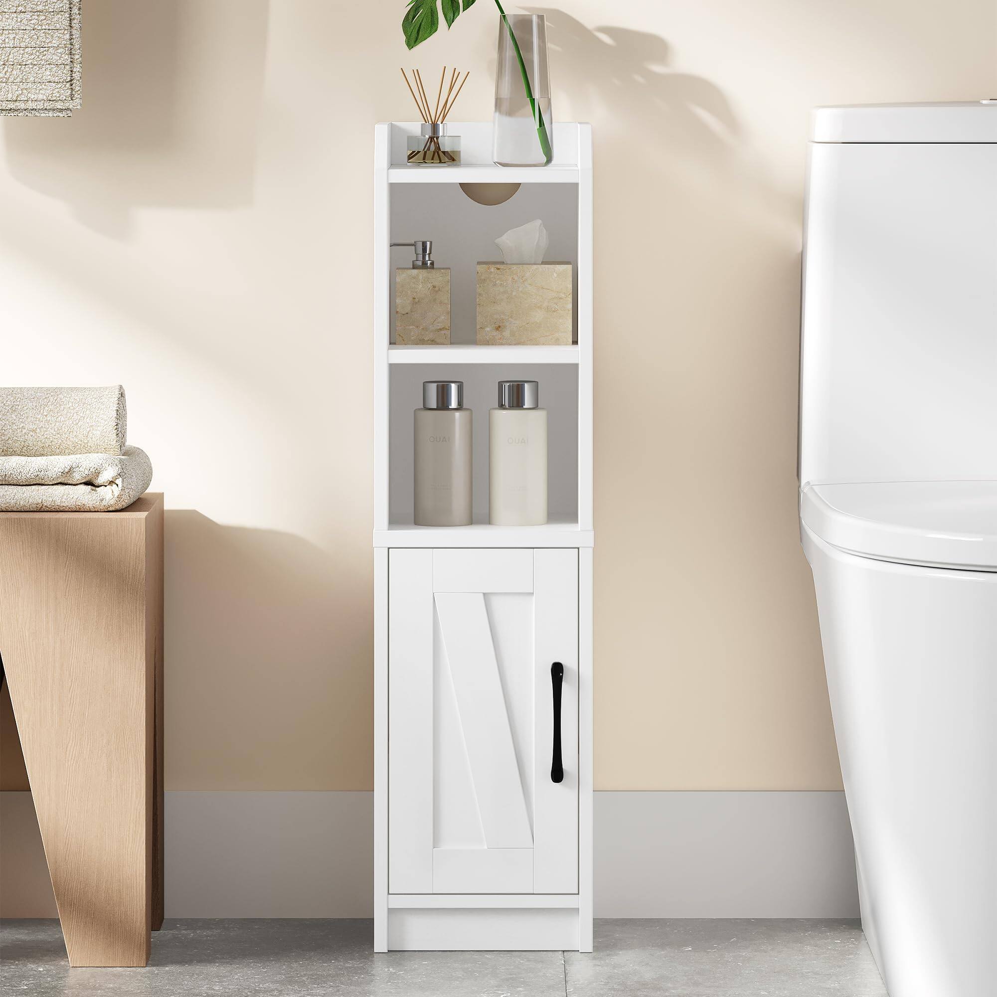 Front. Hirose Alice - Storage Cabinet Small Corner Floor With Door And Shelves Narrow Toilet Paper Holder Stand Organizer Shelf For Spaces - White-7.9"D x 9.8"W x 29.5"H.