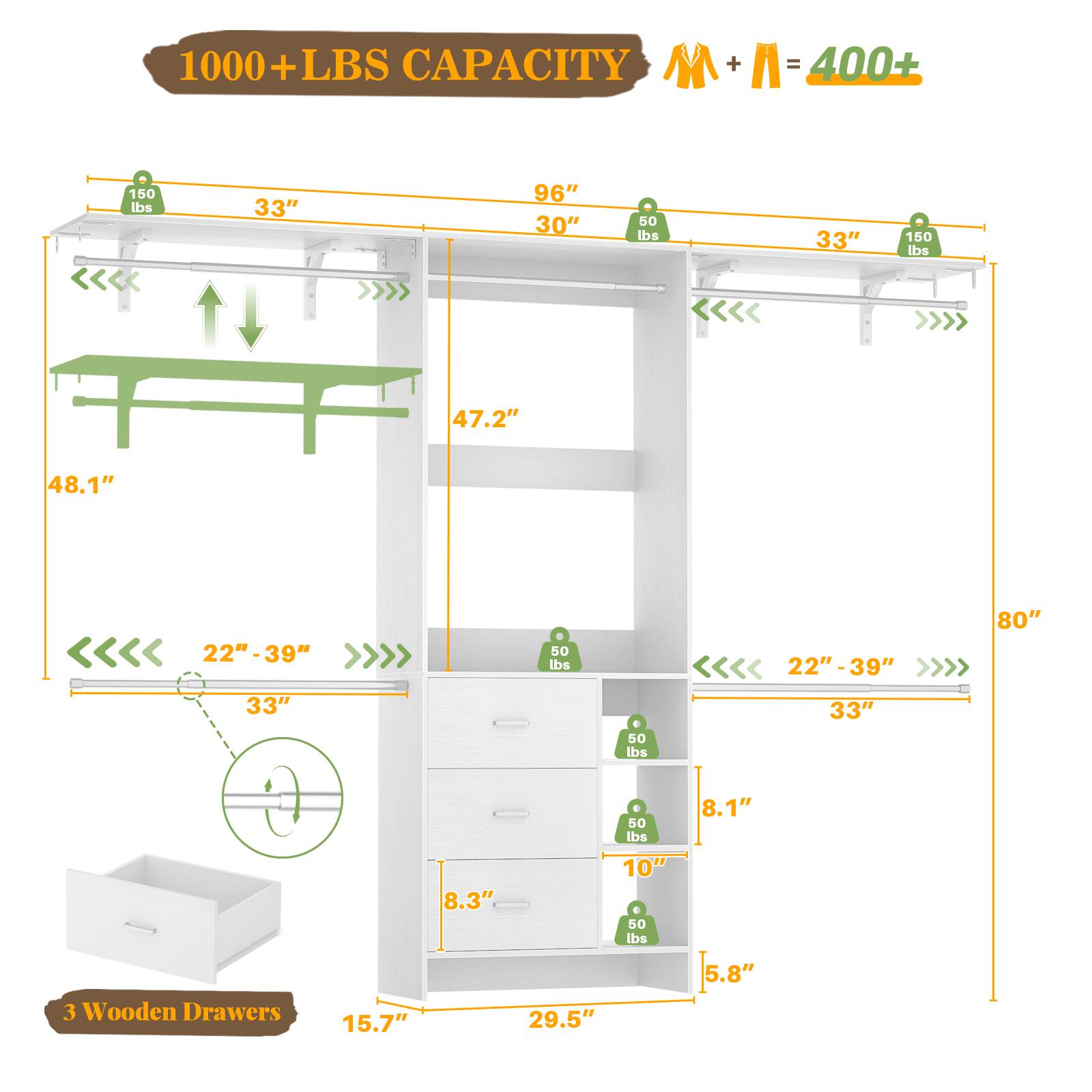 1000+ LBS CAPACITY  
M + A = 400+  

150 lbs  
33"  
96"  
30"  
50 lbs  
33"  
150 lbs  
47.2"  
48.1"  
22"-39"  
50 lbs  
22"-39"  
80"  
33"  
50 lbs  
33"  
50 lbs  
8.1"  
8.3"  
10"  
50 lbs  
3 Wooden Drawers  
15.7"  
29.5"  
5.8"