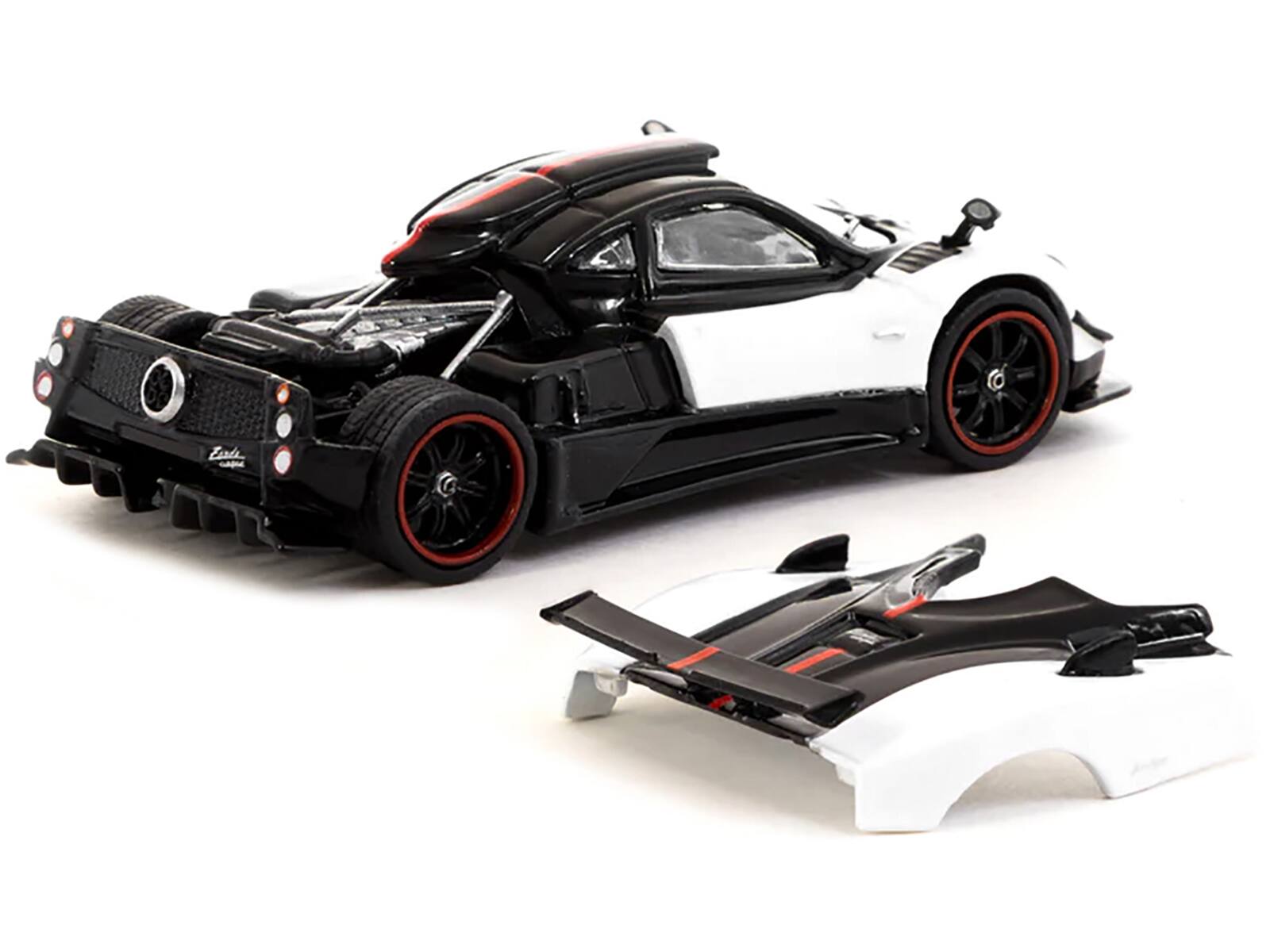 Angle. Tarmac Works - Pagani Zonda Cinque Bianco Benny White and Black "Global64" Series 1/64 Diecast Model Car by Tarmac Works - White and Black.