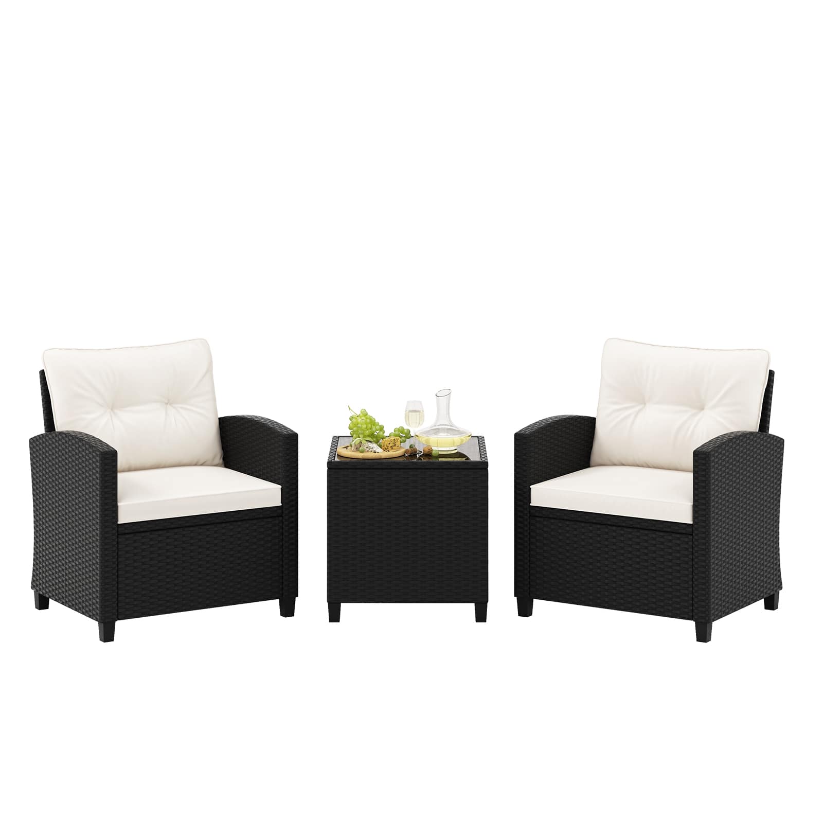 Costway - 3 PCS Patio Furniture Set with Tempered Glass Coffee Table Washable Cushions - Off White,Black