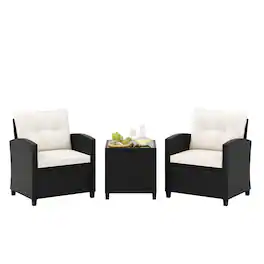 Costway - 3 PCS Patio Furniture Set with Tempered Glass Coffee Table Washable Cushions - Off White,Black