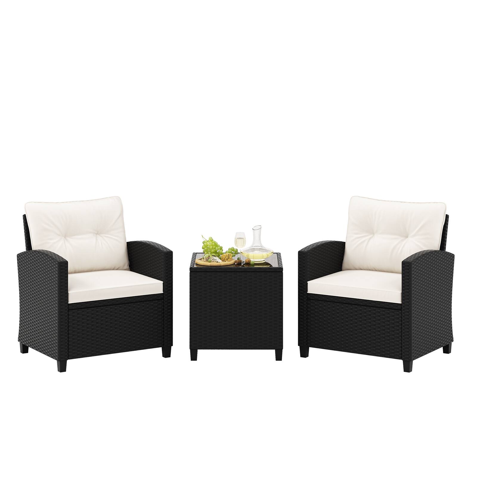 Front. Costway - 3 PCS Patio Furniture Set with Tempered Glass Coffee Table Washable Cushions - Off White,Black.