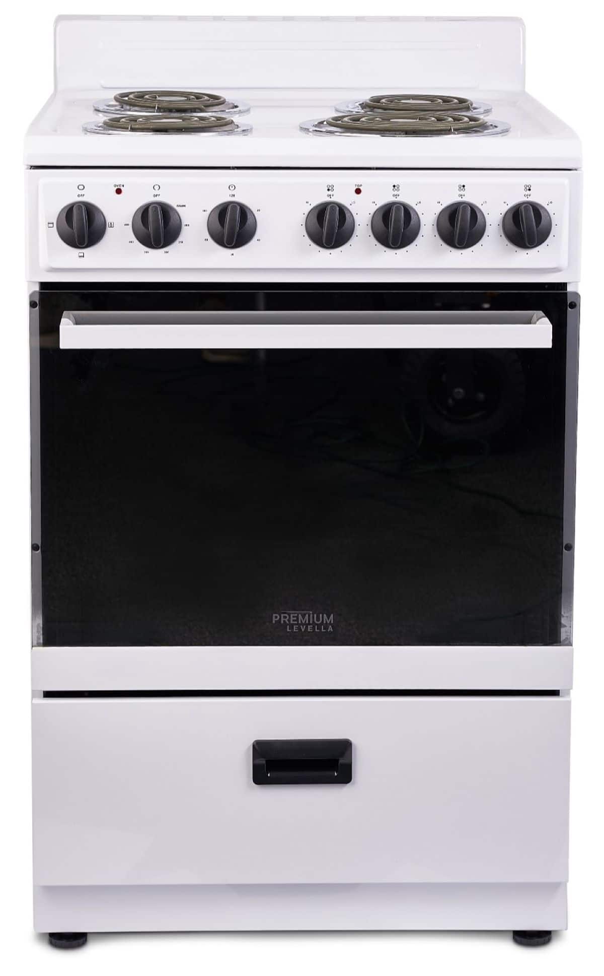Premium Levella - 2.7 CuFt Freestanding Electric Range with 4 Coil Burners and Mirrored Glass Oven Door - White