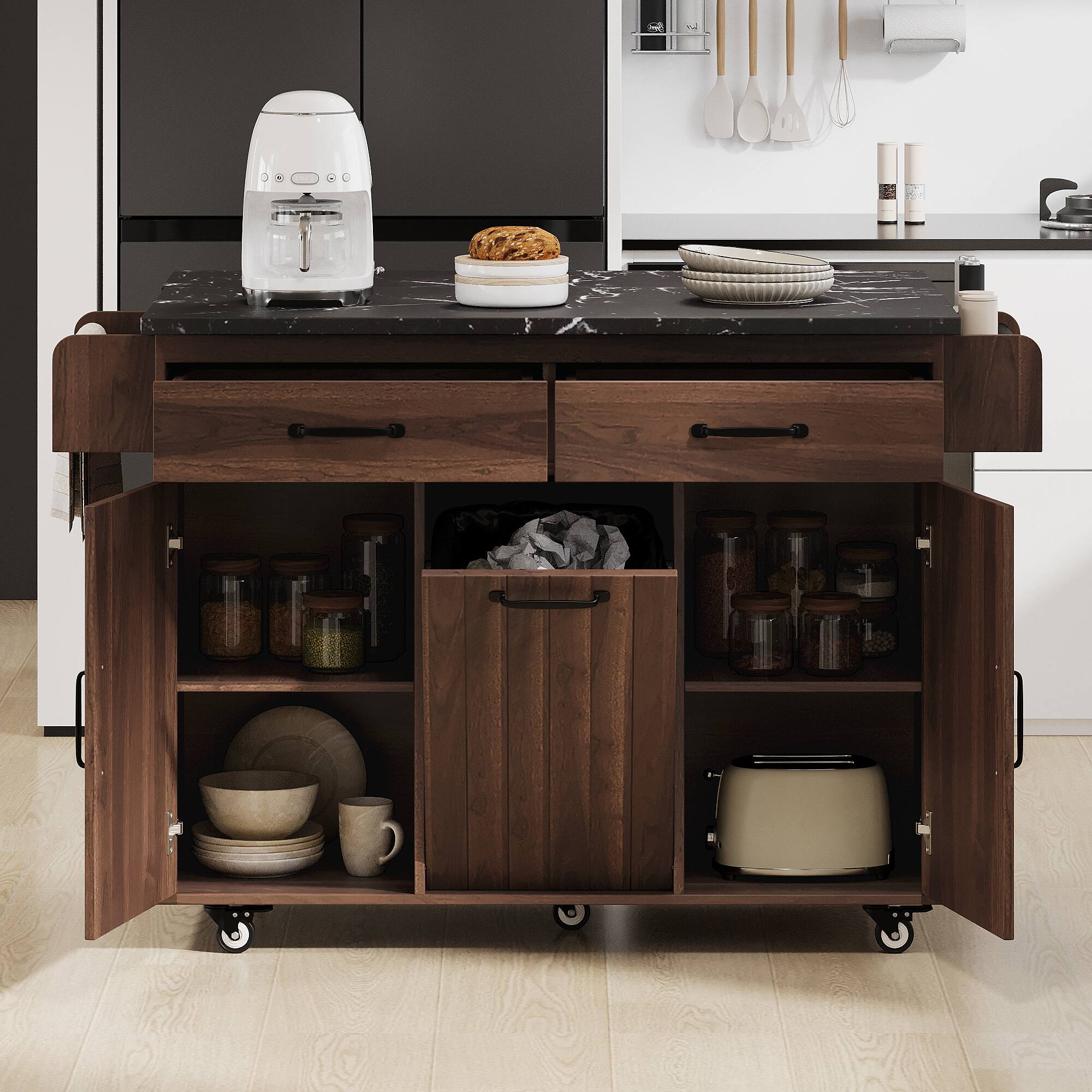 Angle. GOODSILO - Kitchen Island with Trash Can, Drop Leaf, Spice & Towel Racks, Drawer, Rolling Cart with Adjustable Shelf - Walnut Brown.