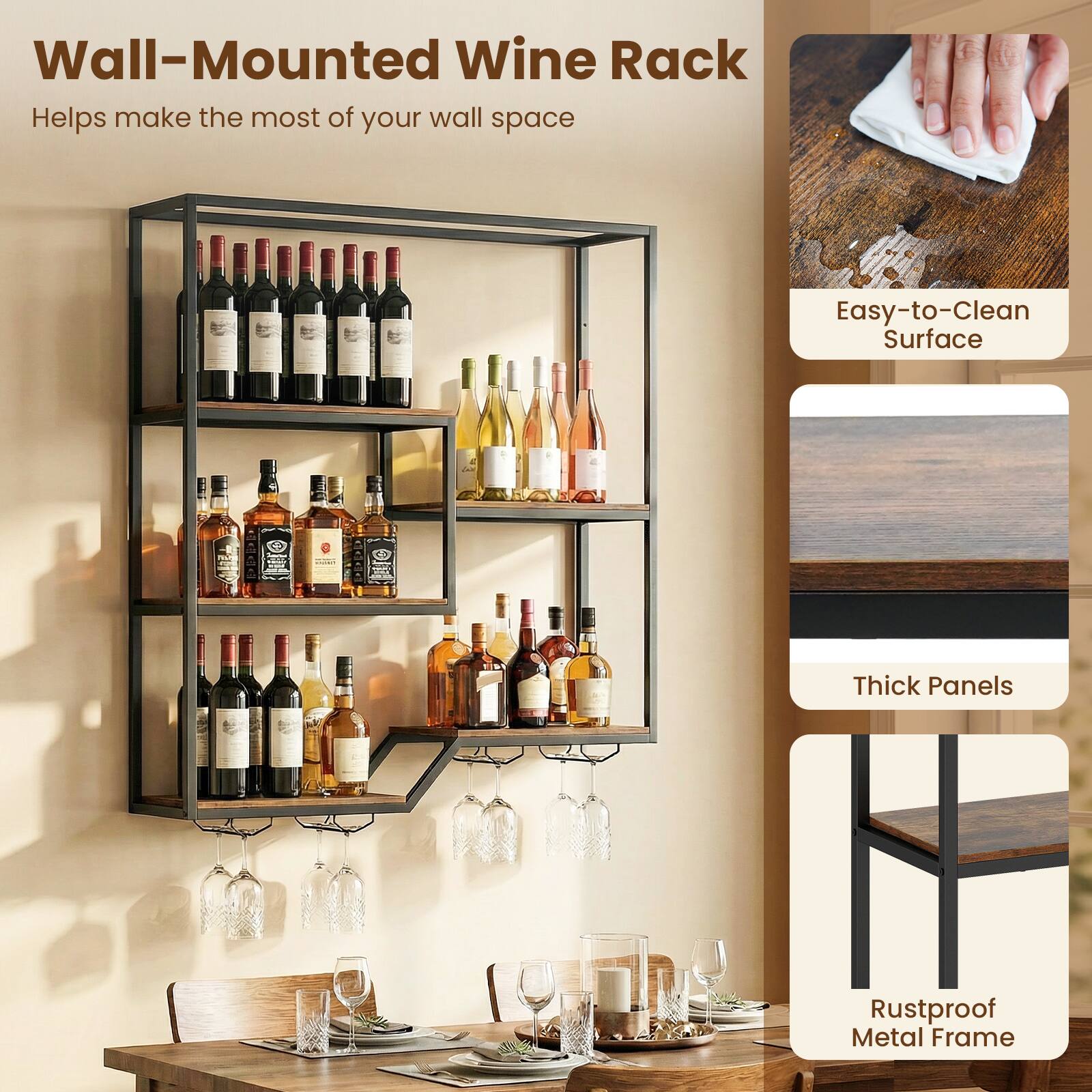 Wall-Mounted Wine Rack  
Helps make the most of your wall space  

- Easy-to-Clean Surface  
- Thick Panels  
- Rustproof Metal Frame