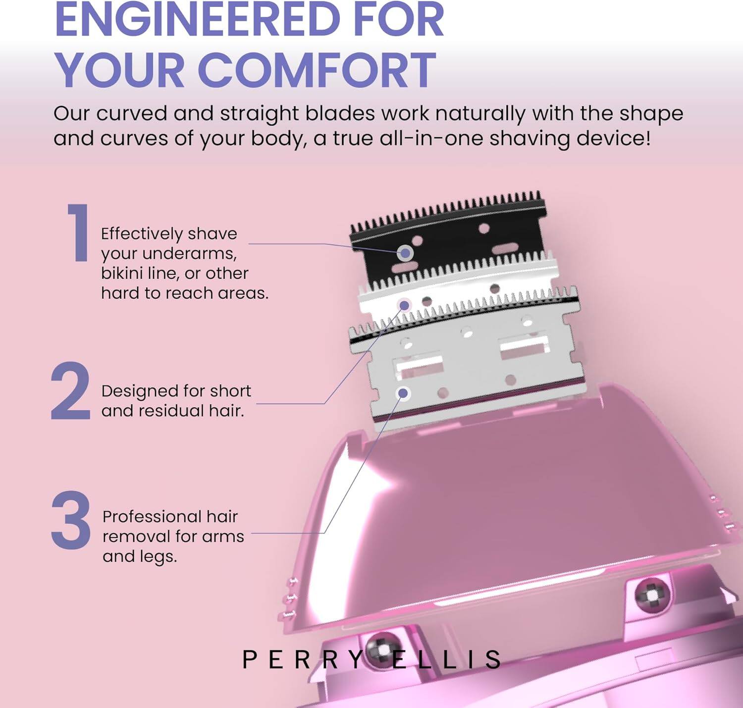 ENGINEERED FOR YOUR COMFORT

Our curved and straight blades work naturally with the shape and curves of your body, a true all-in-one shaving device!

1. Effectively shave your underarms, bikini line, or other hard-to-reach areas.
2. Designed for short and residual hair.
3. Professional hair removal for arms and legs.

PERRY ELLIS