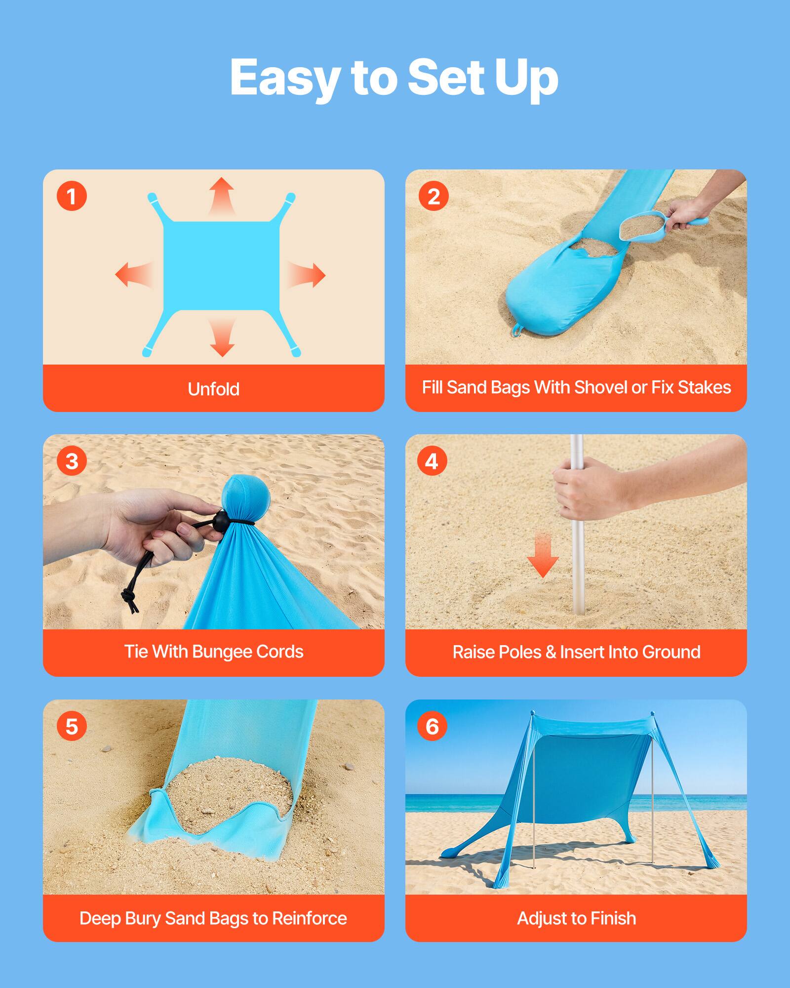 Easy to Set Up

1. Unfold
2. Fill Sand Bags With Shovel or Fix Stakes
3. Tie With Bungee Cords
4. Raise Poles & Insert Into Ground
5. Deep Bury Sand Bags to Reinforce
6. Adjust to Finish