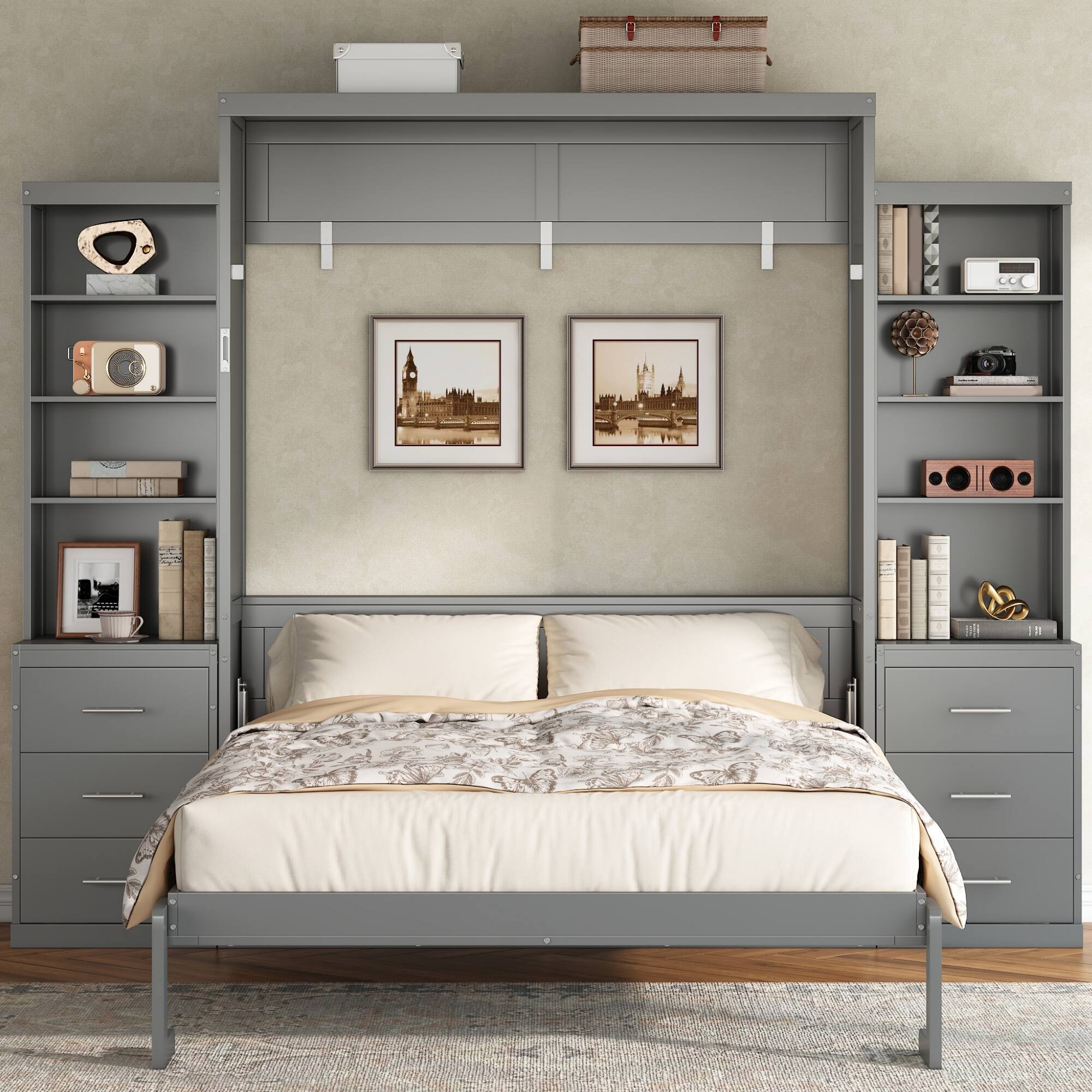 Angle. Whisen - Full Size Murphy Bed with Storage Shelves & Drawers, MDF & Pine Wood Space-Saving Bed - Gray.