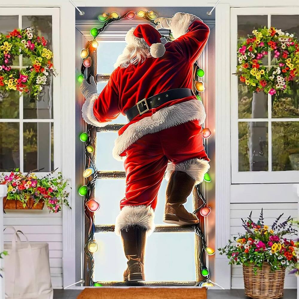 Back. MOSZAR LLC - Santa Climbing Ladder Door Cover, 35x71" Holiday Banner with Lights - red.